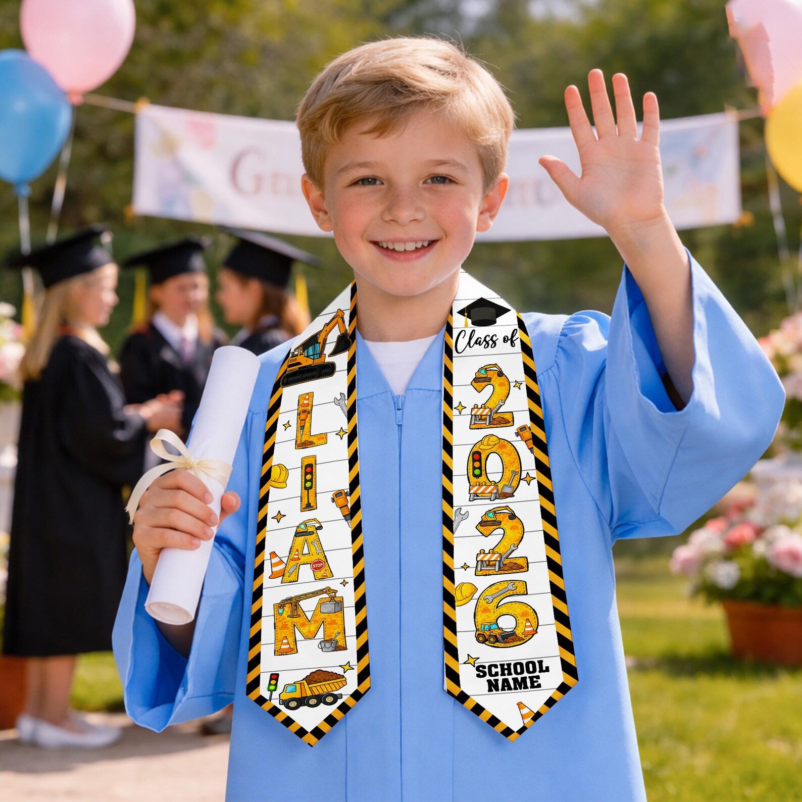 Personalized Kid Graduation Stole, Custom Construction Graduation Stole, Class Of 2026 Sash, Kids Graduation Sash,Preschool Graduation Stole