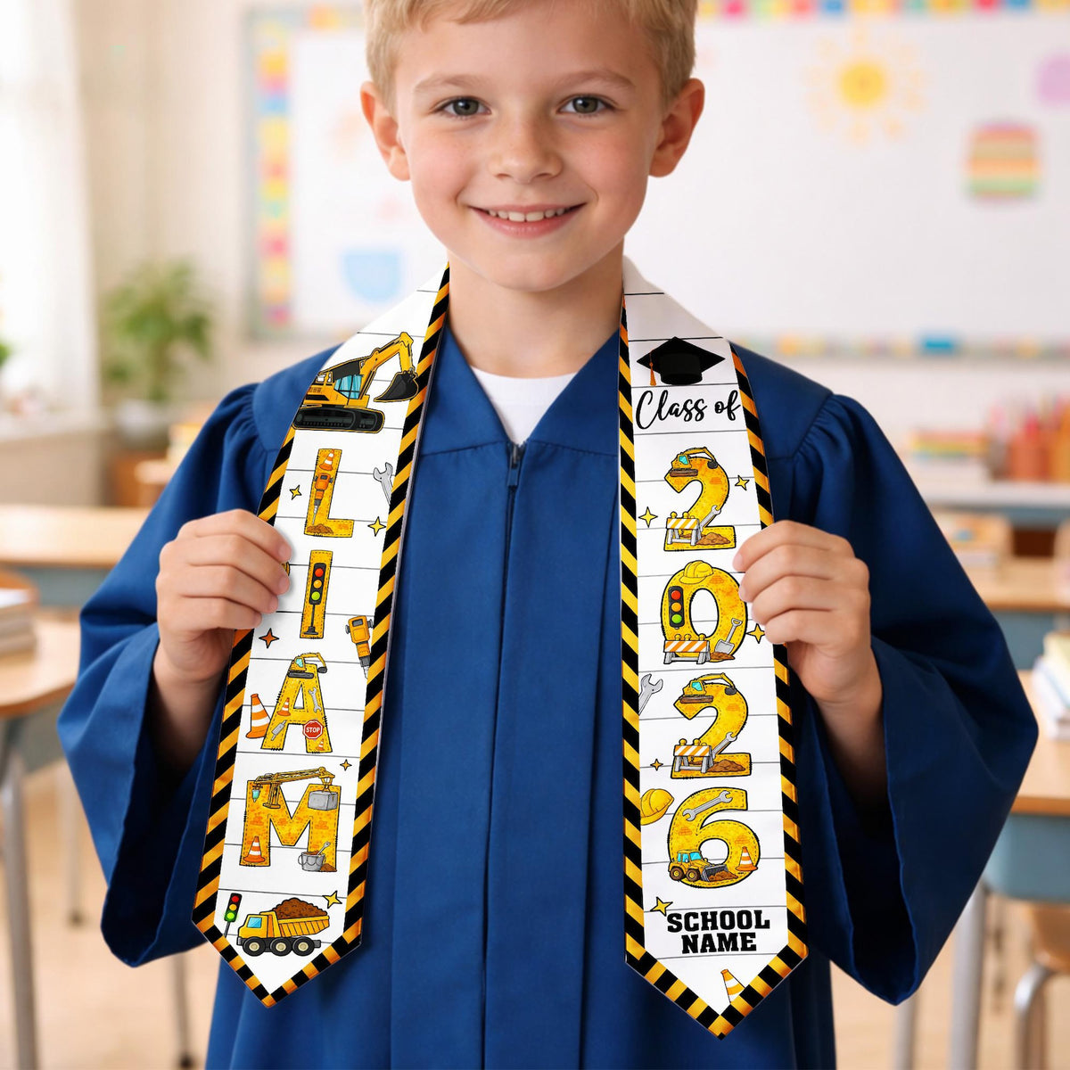 Personalized Kid Graduation Stole, Custom Construction Graduation Stole, Class Of 2026 Sash, Kids Graduation Sash,Preschool Graduation Stole