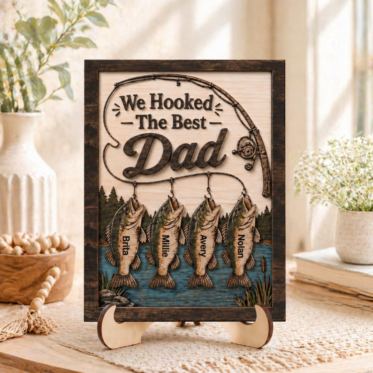 Personalized We Hooked The Best Dad Wooden Sign, Personalized Fishing Themed Sign with Children s Names, Father's Day Gift, Fishing Dad Gift