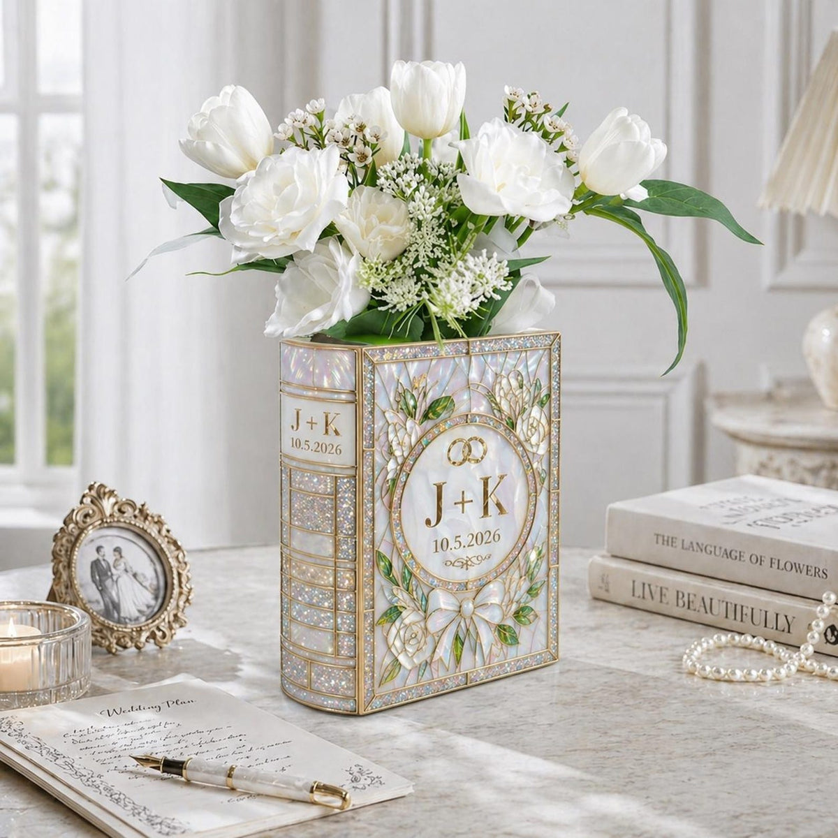 Personalized Wedding Book Vase, Custom Couple Initials Vase, Pearl Floral Book Vase, Bridal Shower Gift, Anniversary Keepsake
