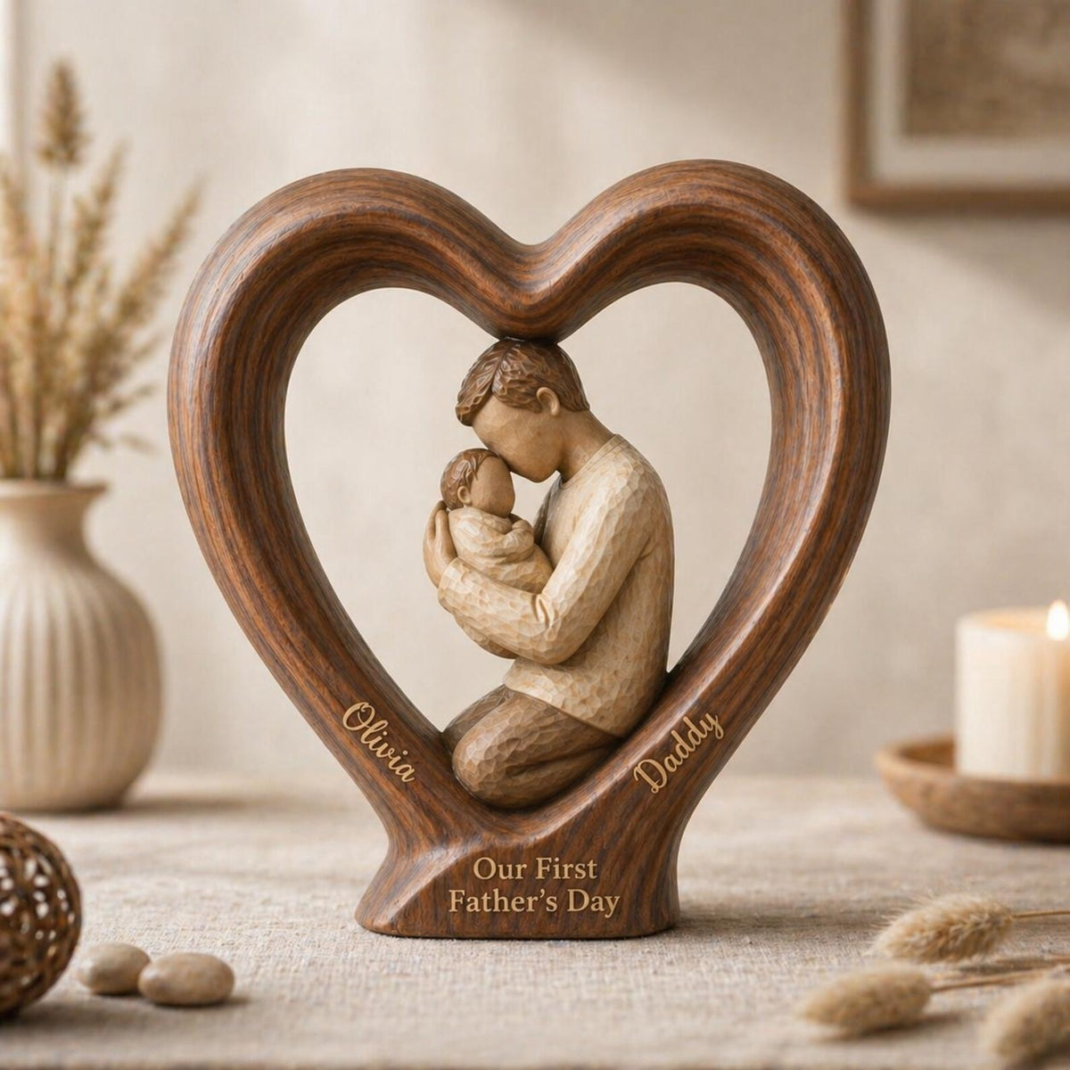 Father and Kids Heart Sign, Personalized Dad 2D FLAT Wooden Block, Custom Name Family Gift, Father's Day Keepsake Decor