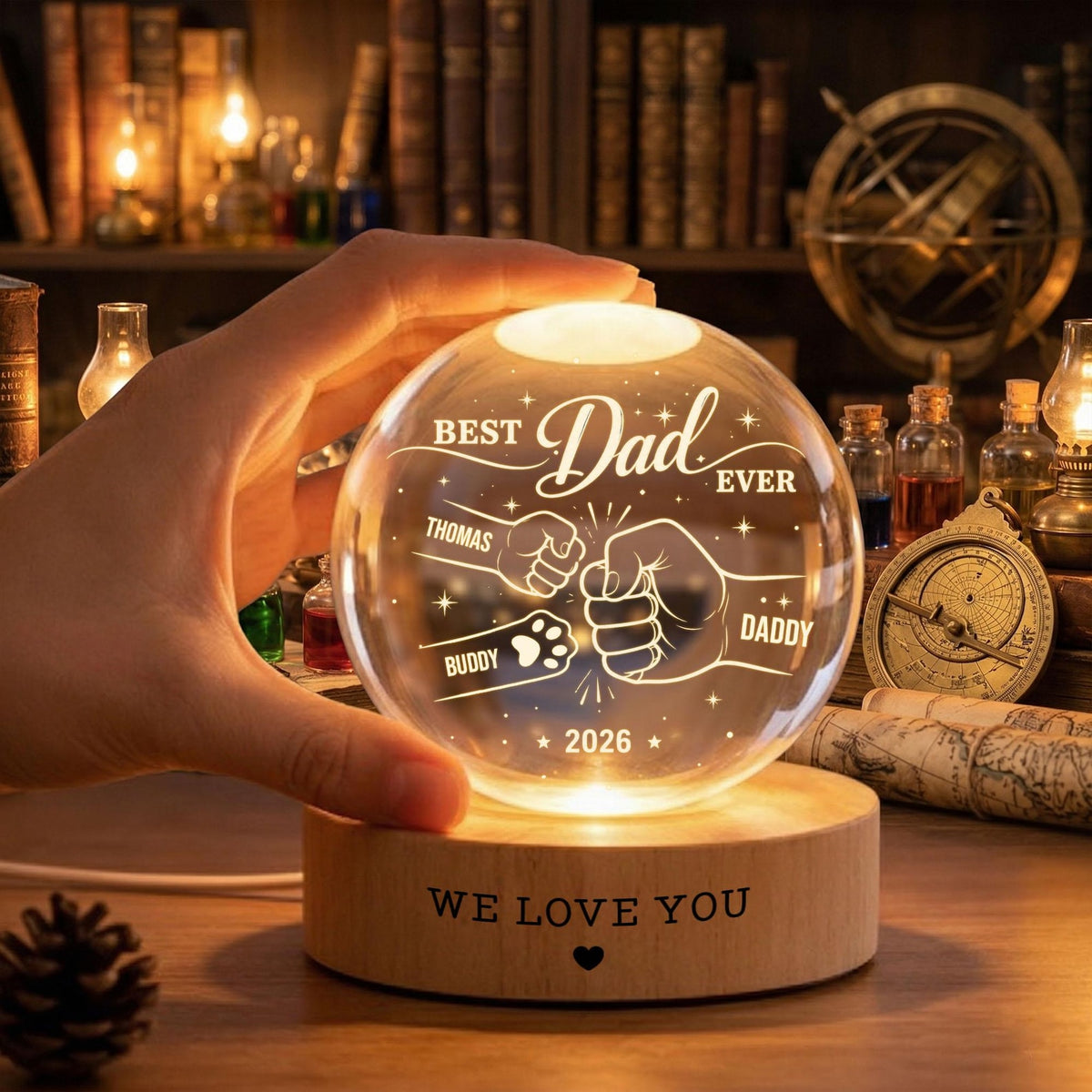 Personalized Crystal Ball Night Light, Father s Day Gift for Dad, Custom Dad Grandpa Kids Holding Hands Gift, Grandpa Gift,Dad Birthday Gift