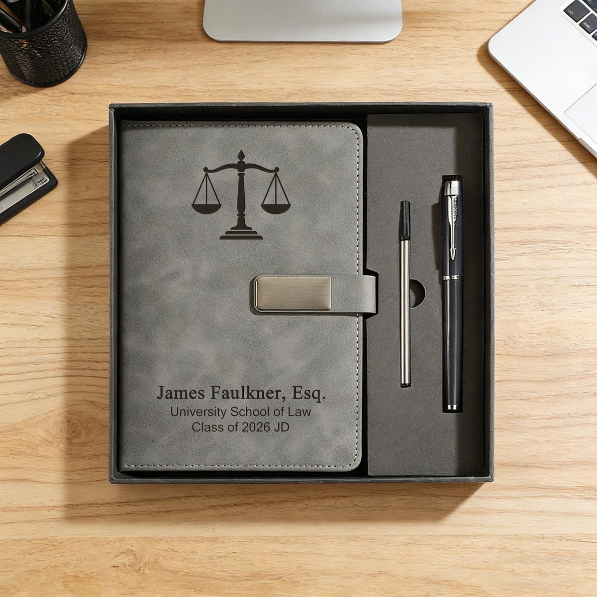 Personalized Law Graduation Gift Set, Custom Leather Journal & Pen, Lawyer Gift for Men, Class of 2026 JD Grad Gift