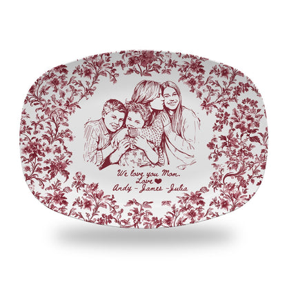 Custom Mom Portrait from Photo Platter, Personalized Toile De Jouy Mom & Daughter Plate, Mothers Day Gift for Mama, Grandma Birthday Gifts