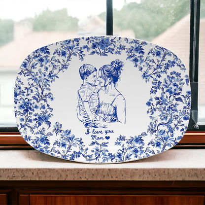 Custom Mom Portrait from Photo Platter, Personalized Toile De Jouy Mom & Daughter Plate, Mothers Day Gift for Mama, Grandma Birthday Gifts