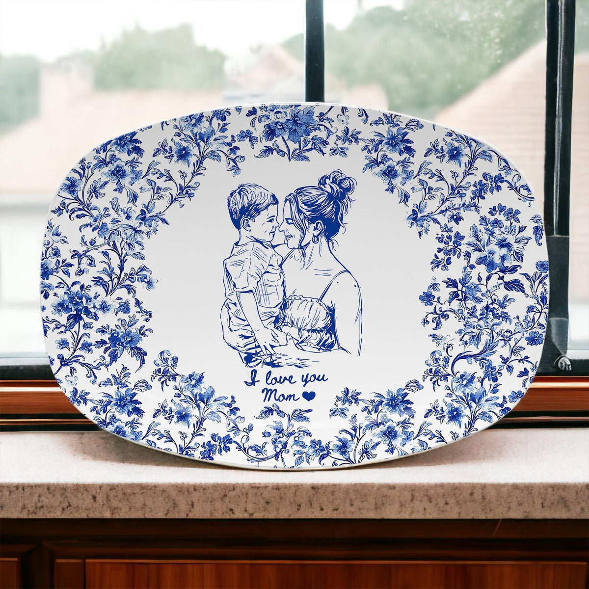Custom Mom Portrait from Photo Platter, Personalized Toile De Jouy Mom & Daughter Plate, Mothers Day Gift for Mama, Grandma Birthday Gifts