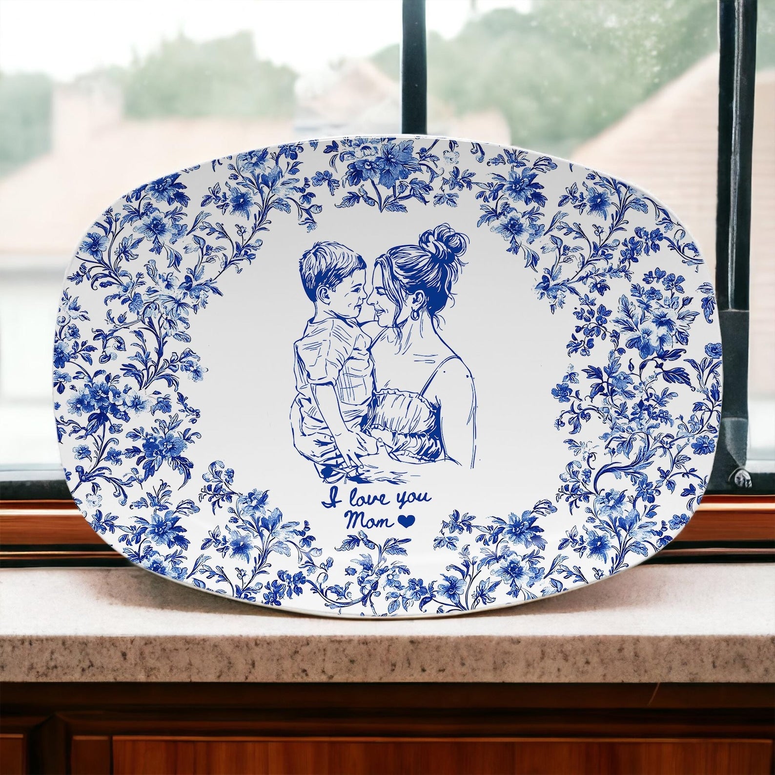 Custom Mom Portrait from Photo Platter, Personalized Toile De Jouy Mom & Daughter Plate, Mothers Day Gift for Mama, Grandma Birthday Gifts