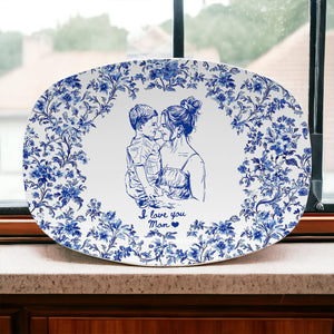 Custom Mom Portrait from Photo Platter, Personalized Toile De Jouy Mom & Daughter Plate, Mothers Day Gift for Mama, Grandma Birthday Gifts