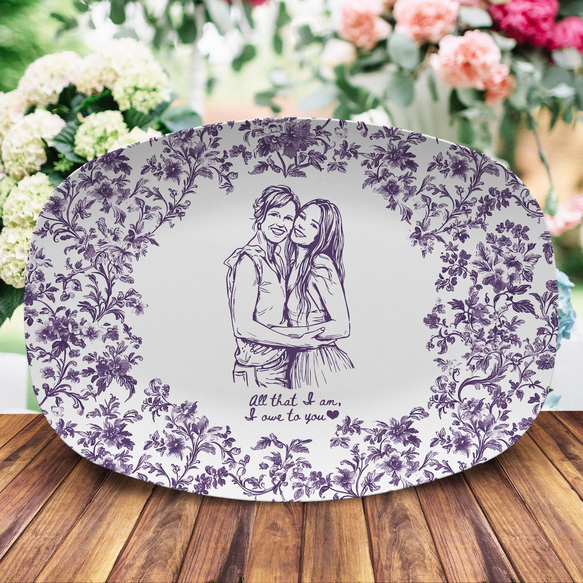 Custom Mom Portrait from Photo Platter, Personalized Toile De Jouy Mom & Daughter Plate, Mothers Day Gift for Mama, Grandma Birthday Gifts