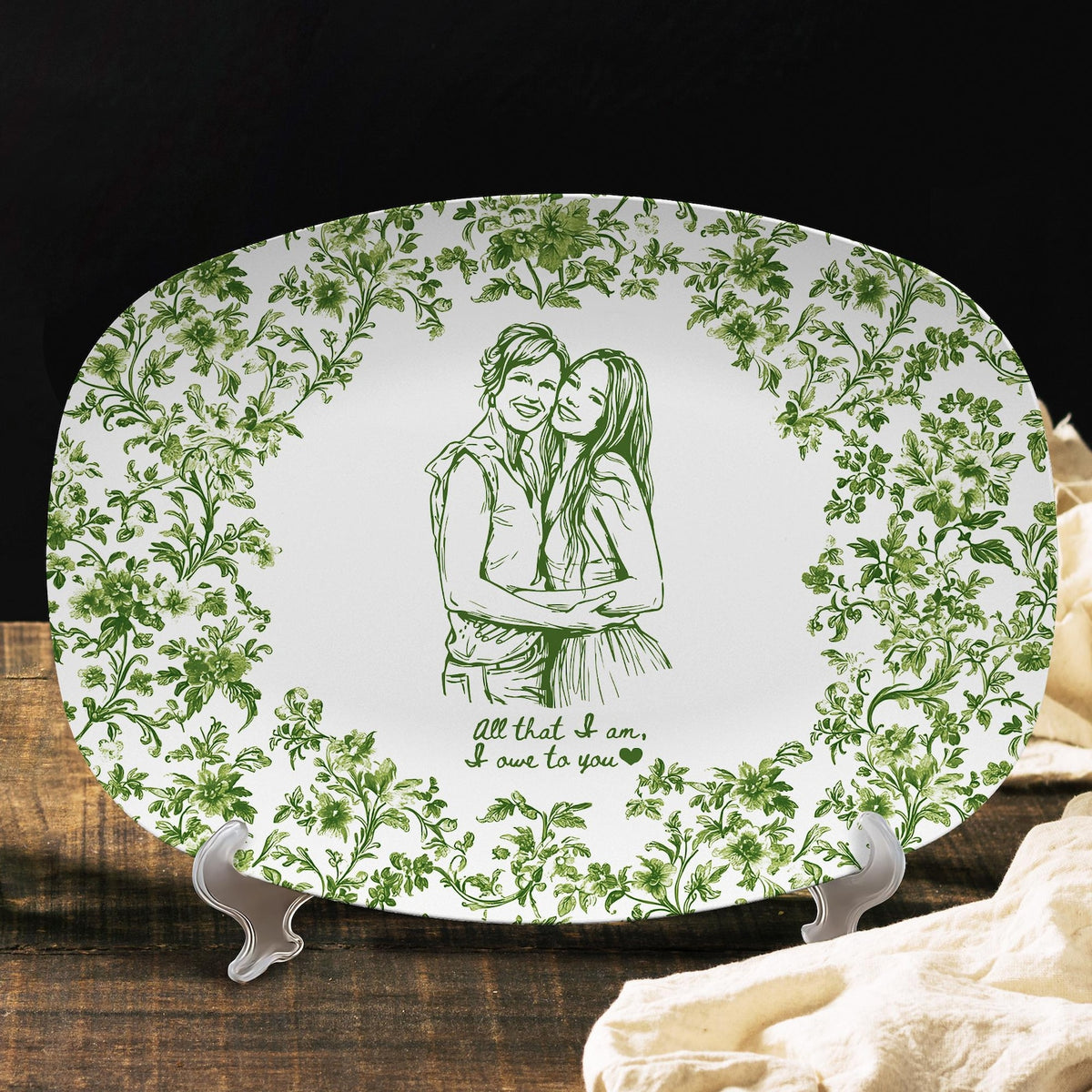 Custom Mom Portrait from Photo Platter, Personalized Toile De Jouy Mom & Daughter Plate, Mothers Day Gift for Mama, Grandma Birthday Gifts