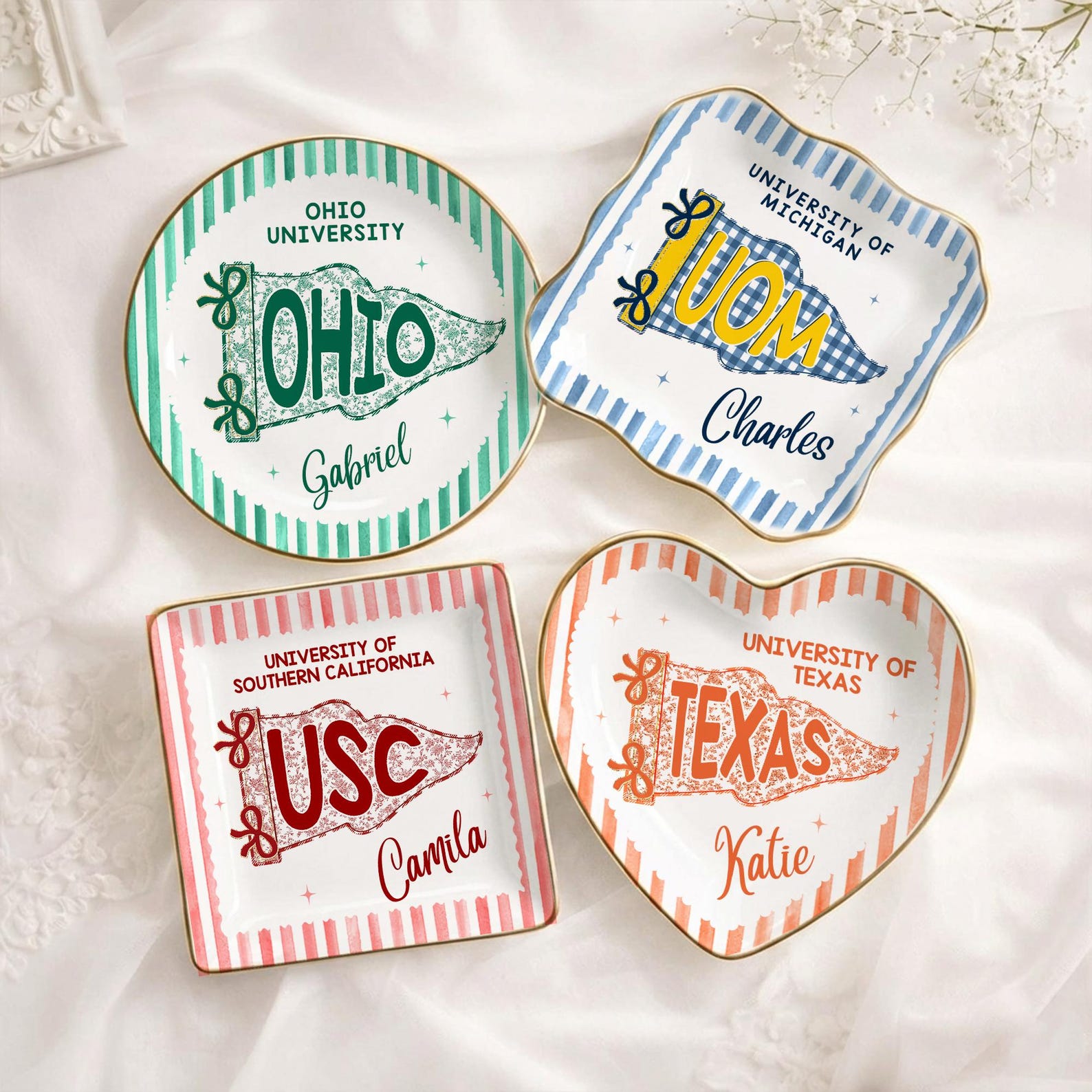 Custom School Pennant Flag Ring Dish, College Graduation Gift, Class of 2026 Jewelry Tray, University Spirit Striped Dish, Senior Night Gift