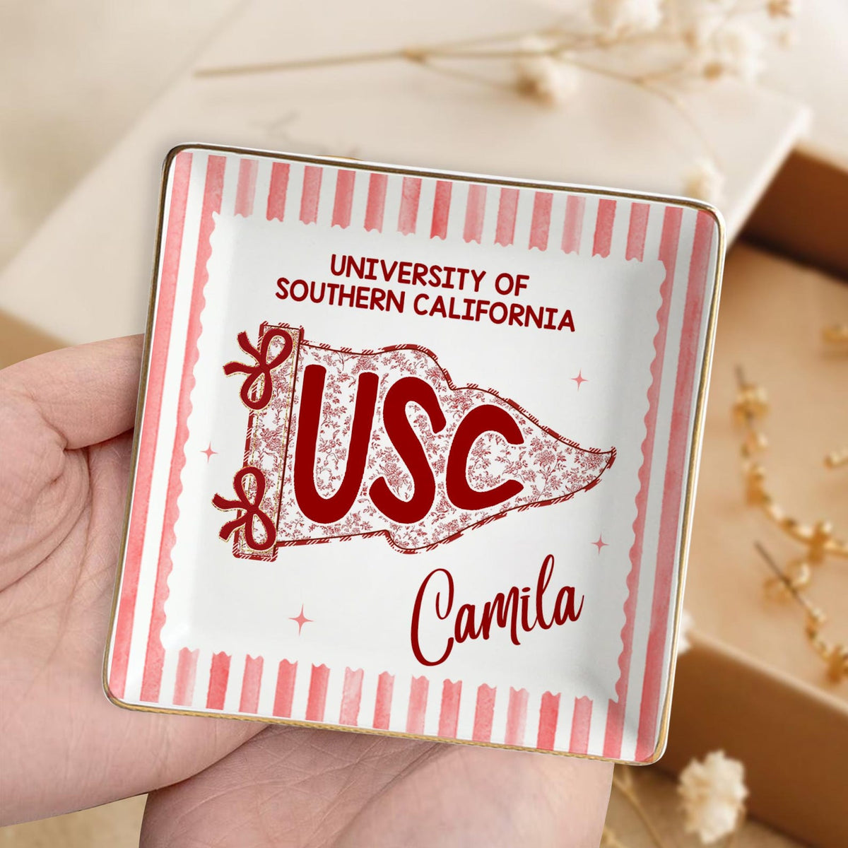 Custom School Pennant Flag Ring Dish, College Graduation Gift, Class of 2026 Jewelry Tray, University Spirit Striped Dish, Senior Night Gift