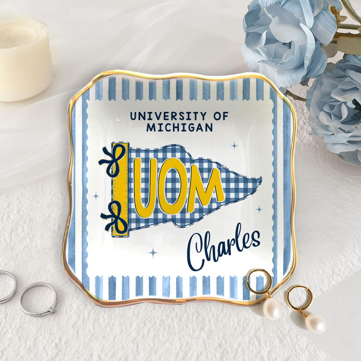 Custom School Pennant Flag Ring Dish, College Graduation Gift, Class of 2026 Jewelry Tray, University Spirit Striped Dish, Senior Night Gift