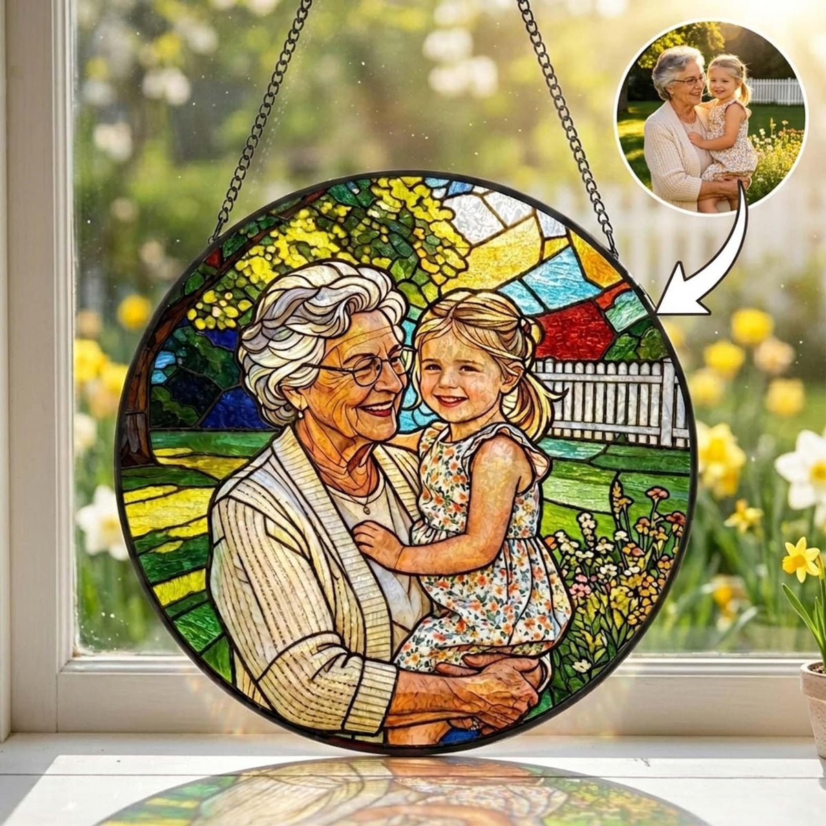 Custom Stained Glass Photo Suncatcher: Personalized Portrait Window Hanging, Mother's Day Gift For Grandma