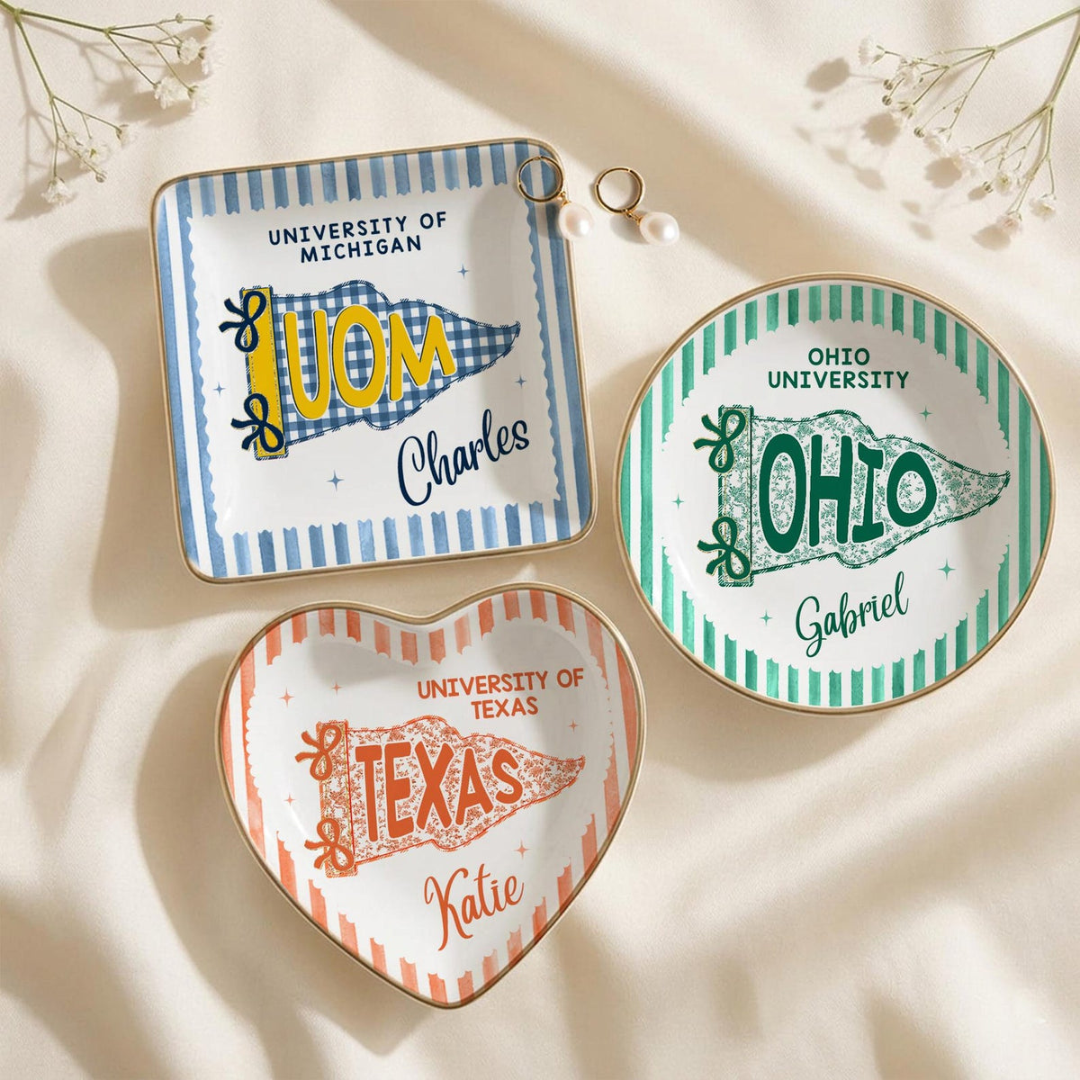 Custom School Pennant Flag Ring Dish, College Graduation Gift, Class of 2026 Jewelry Tray, University Spirit Striped Dish, Senior Night Gift