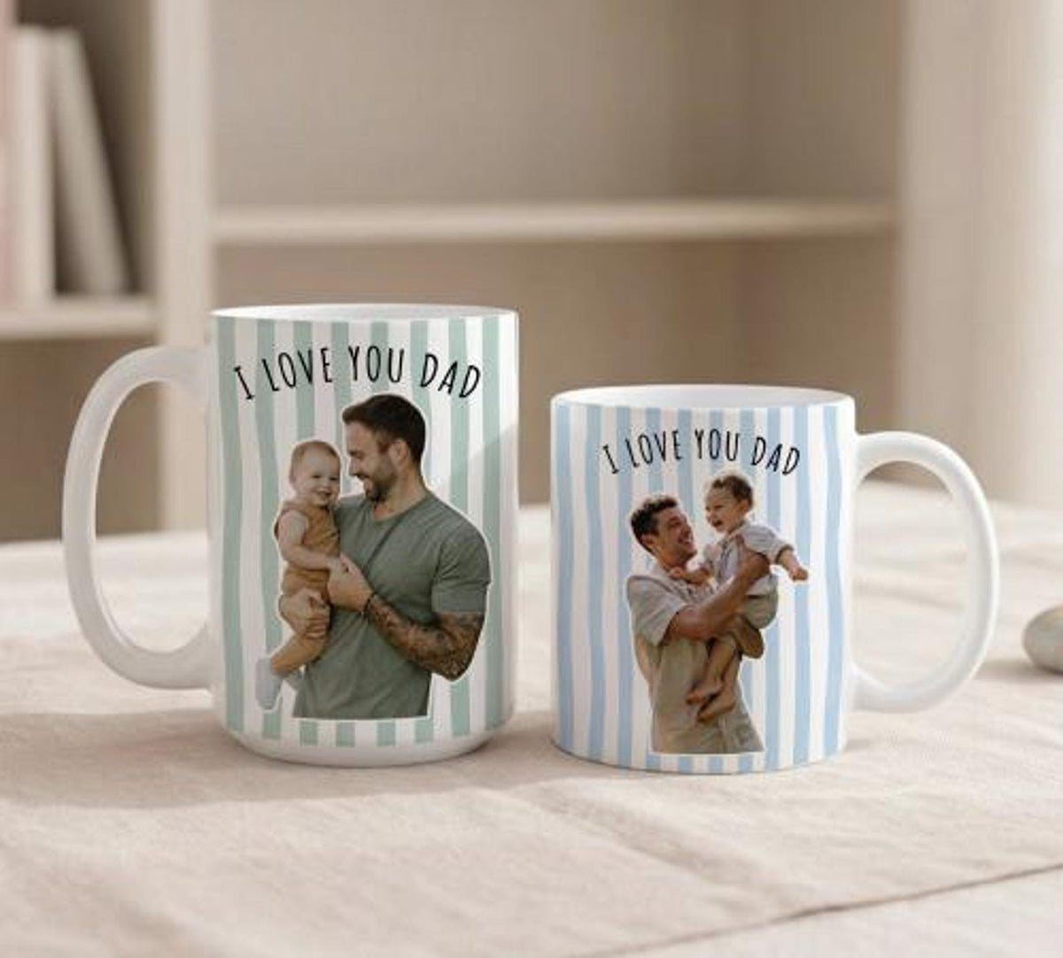 Custom Photo Striped Mug for Dad, Personalized Father and Son Picture Cup, Best Dad Gift with Custom Name, Gift for Grandpa, New Dad Gift
