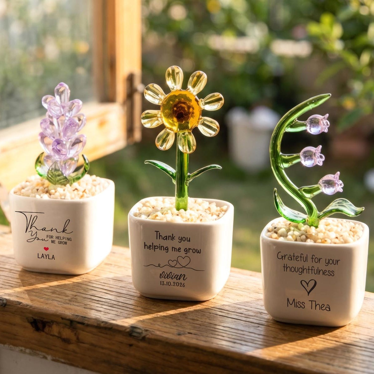 Glass Plant Pot, Personalized Name Mini Glass Flower Cactus Ornament, End Of School Term Gift, Teacher Appreciation Desk Table Decoration