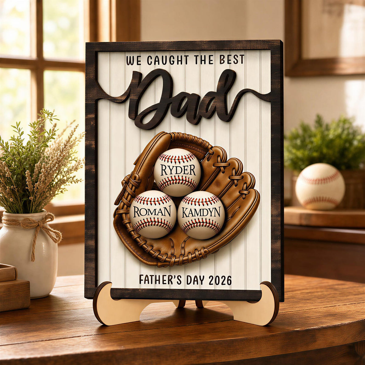 Father's Day Baseball Plaque, Custom Wooden Frame, Kids Names Sign Father