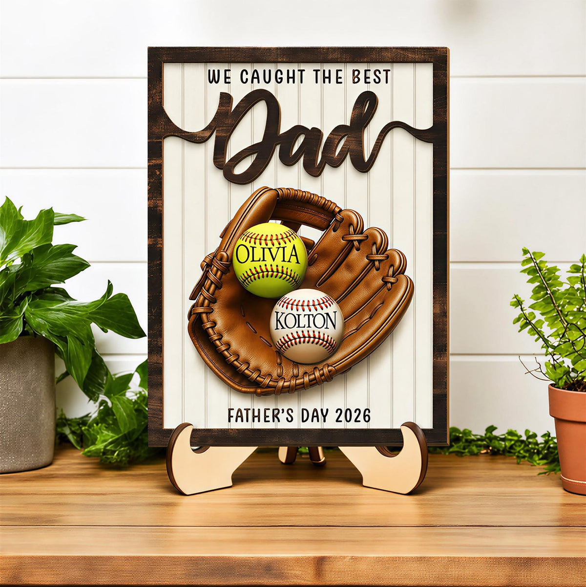 Father's Day Baseball Plaque, Custom Wooden Frame, Kids Names Sign Father