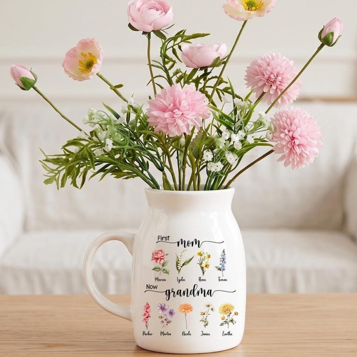 Personalized Birth Flower Vase for Grandma, First Mom Now Grandma Gift, Custom Grandkids Name Vase, Mothers Day Gift for Grandma