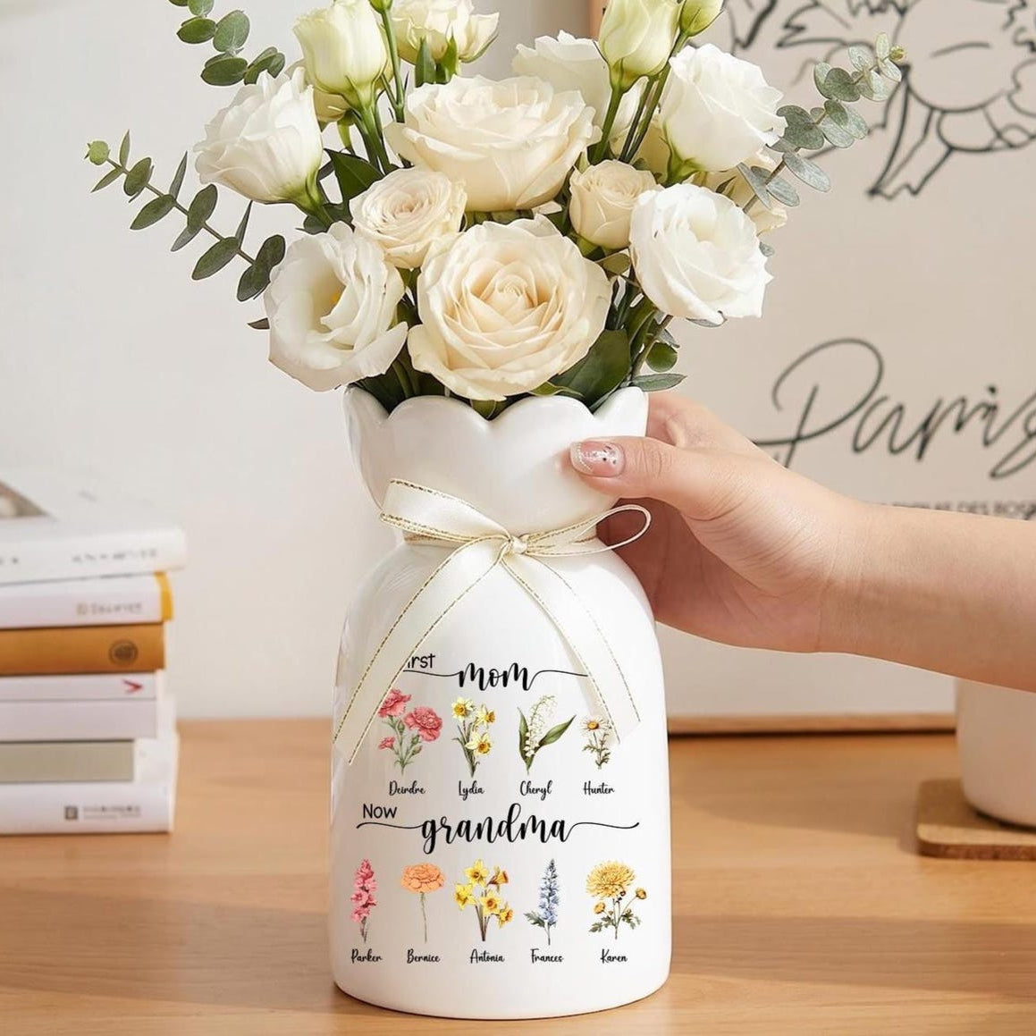 Personalized Birth Flower Vase for Grandma, First Mom Now Grandma Gift, Custom Grandkids Name Vase, Mothers Day Gift for Grandma