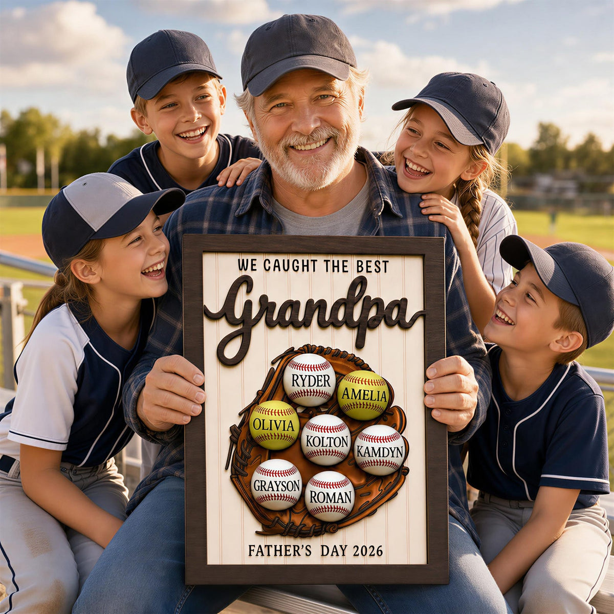 Father's Day Baseball Plaque, Custom Wooden Frame, Kids Names Sign Father