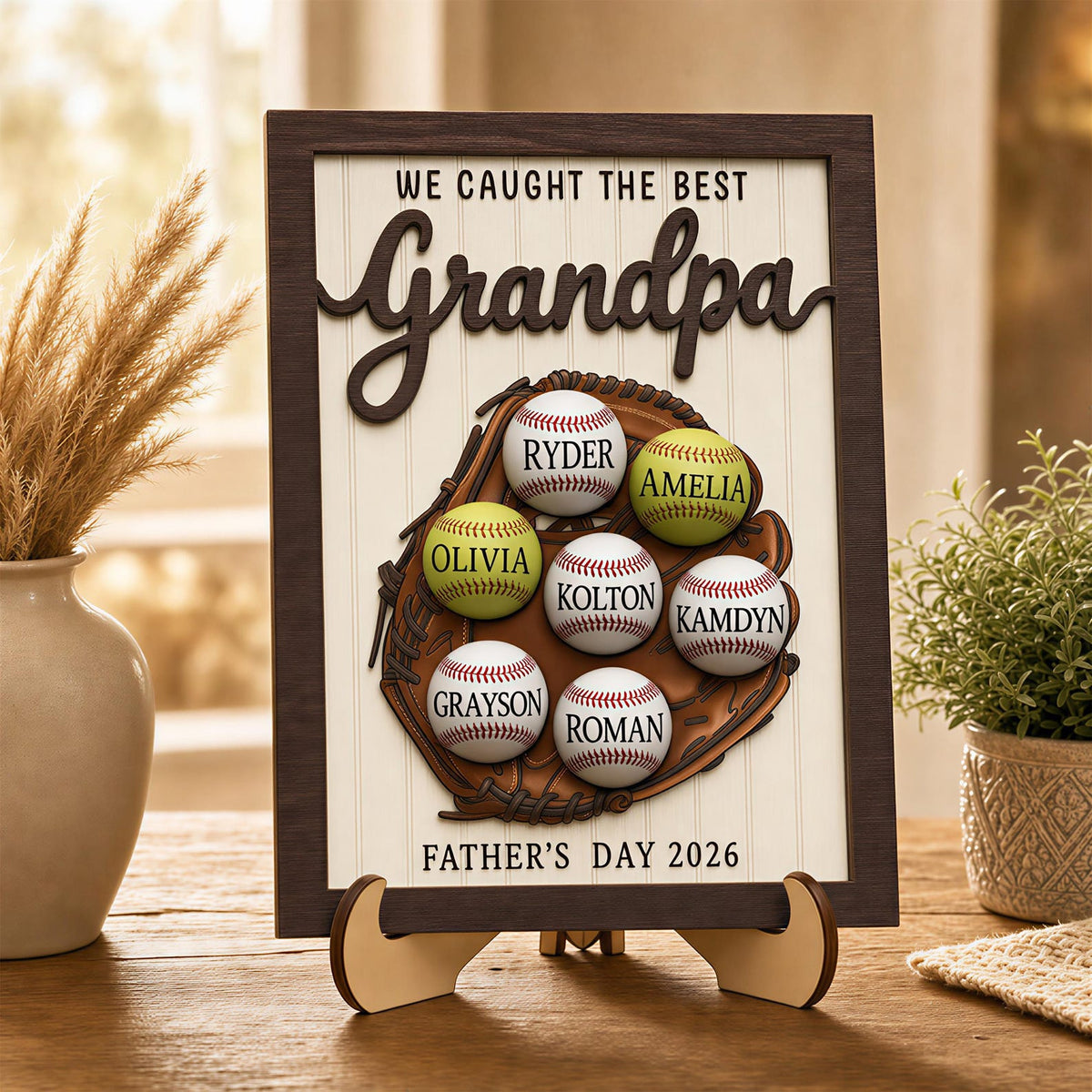 Father's Day Baseball Plaque, Custom Wooden Frame, Kids Names Sign Father