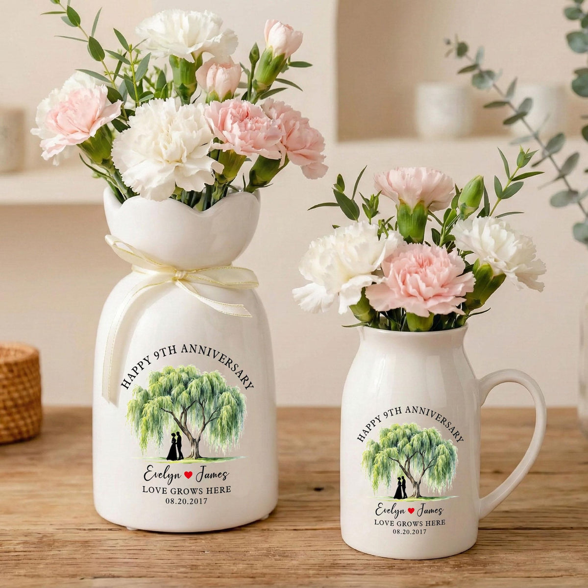 9th Anniversary Willow Tree Ceramic Flower Vase, Custom Wedding Anniversary Gift for Wife, Anniversary Gifts for Couple,Wedding Gift For Her