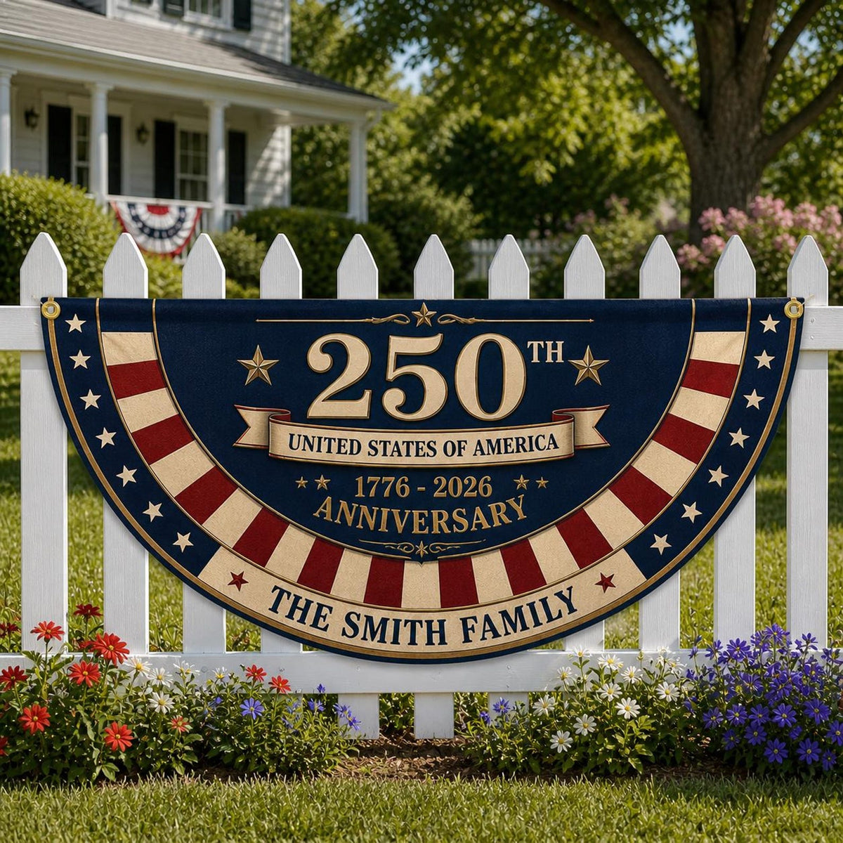 Personalized 250th Anniversary Bunting Flag, Custom Family Name Patriotic Banner 1776-2026, USA Semiquincentennial Decor, 4th of July Flag