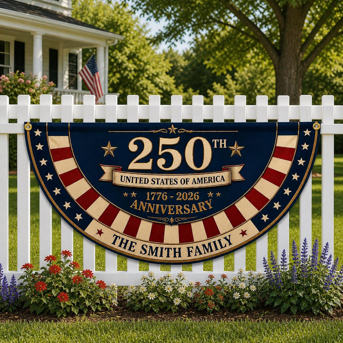 Personalized 250th Anniversary Bunting Flag, Custom Family Name Patriotic Banner 1776-2026, USA Semiquincentennial Decor, 4th of July Flag