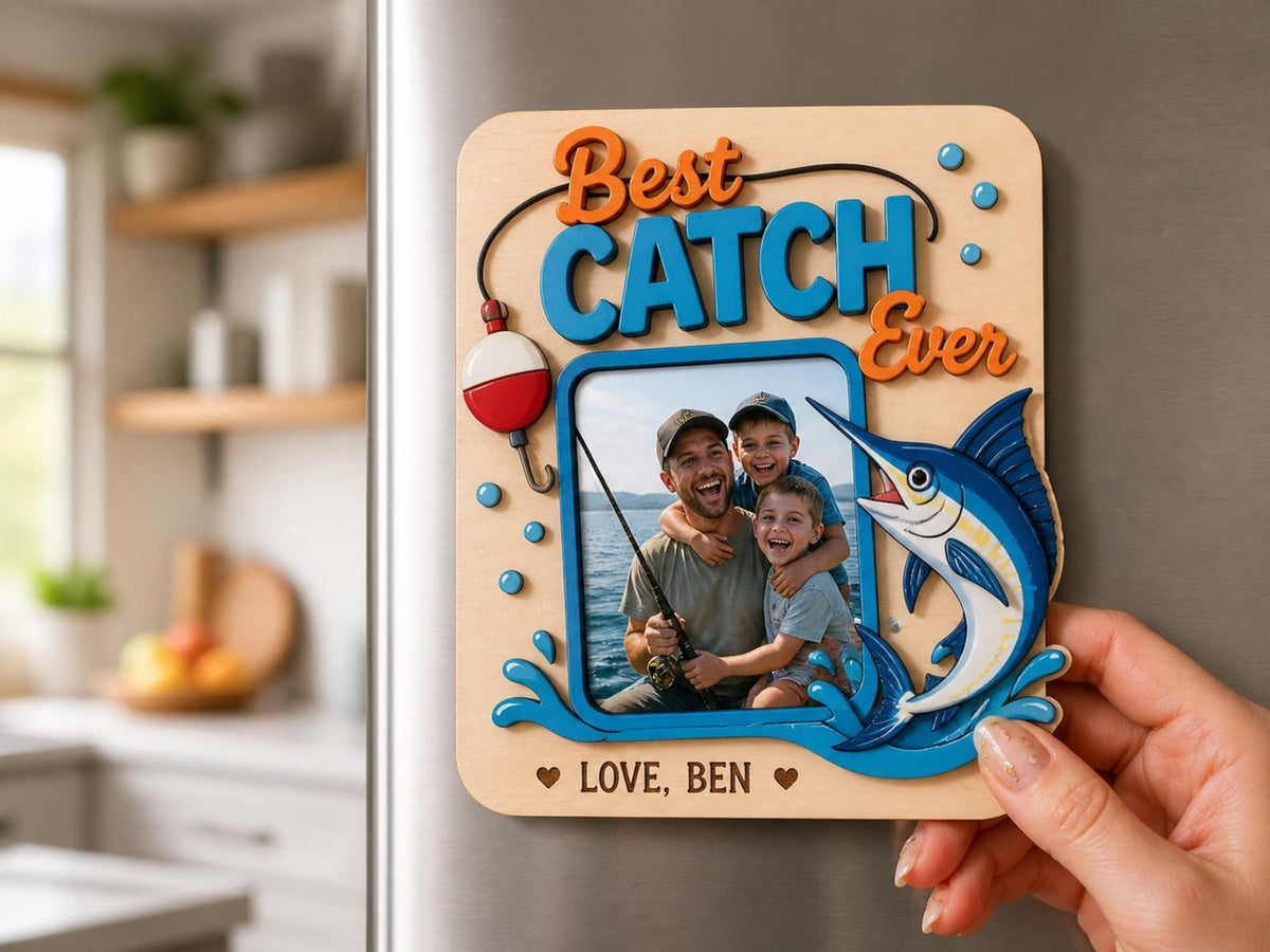 Personalized Fishing Magnet for Dad, Custom Photo Wooden Fridge Frame, Reel Cool Dad Gift, Father's Day Picture Magnet, Best Catch Ever Gift
