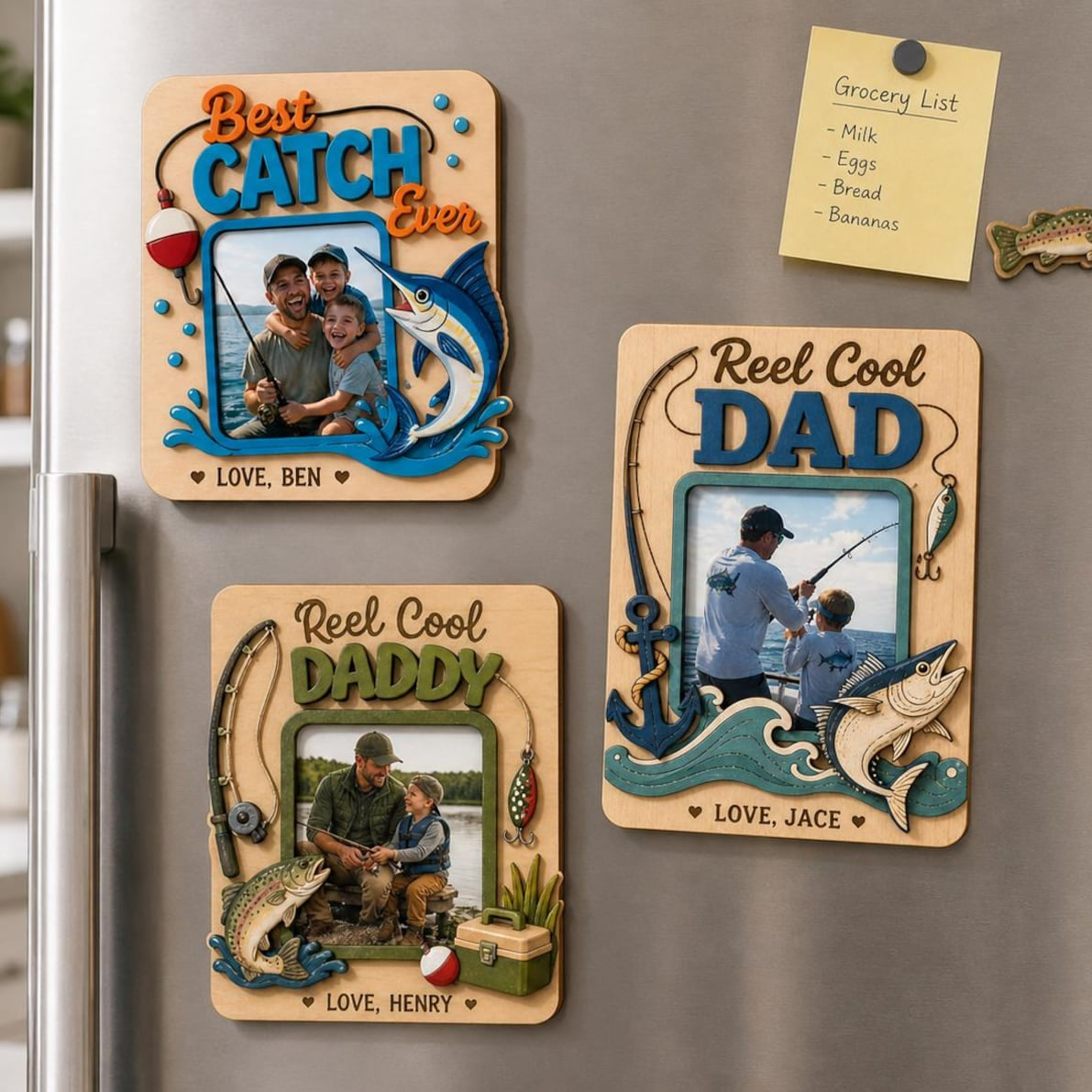 Personalized Fishing Magnet for Dad, Custom Photo Wooden Fridge Frame, Reel Cool Dad Gift, Father's Day Picture Magnet, Best Catch Ever Gift