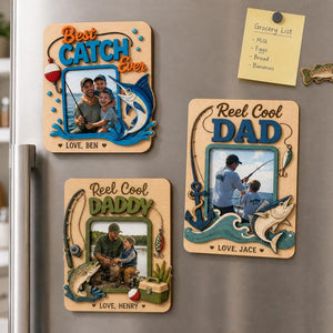 Personalized Fishing Magnet for Dad, Custom Photo Wooden Fridge Frame, Reel Cool Dad Gift, Father's Day Picture Magnet, Best Catch Ever Gift