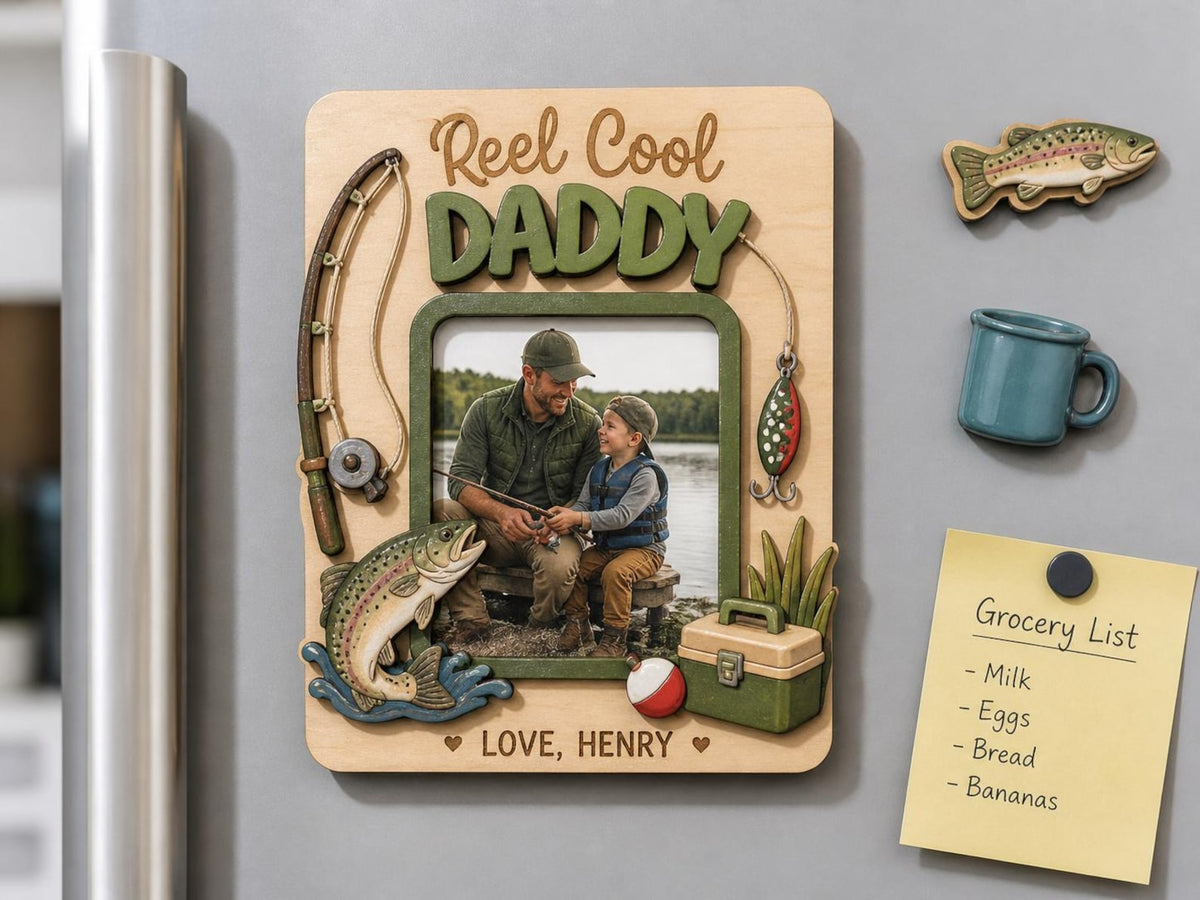 Personalized Fishing Magnet for Dad, Custom Photo Wooden Fridge Frame, Reel Cool Dad Gift, Father's Day Picture Magnet, Best Catch Ever Gift