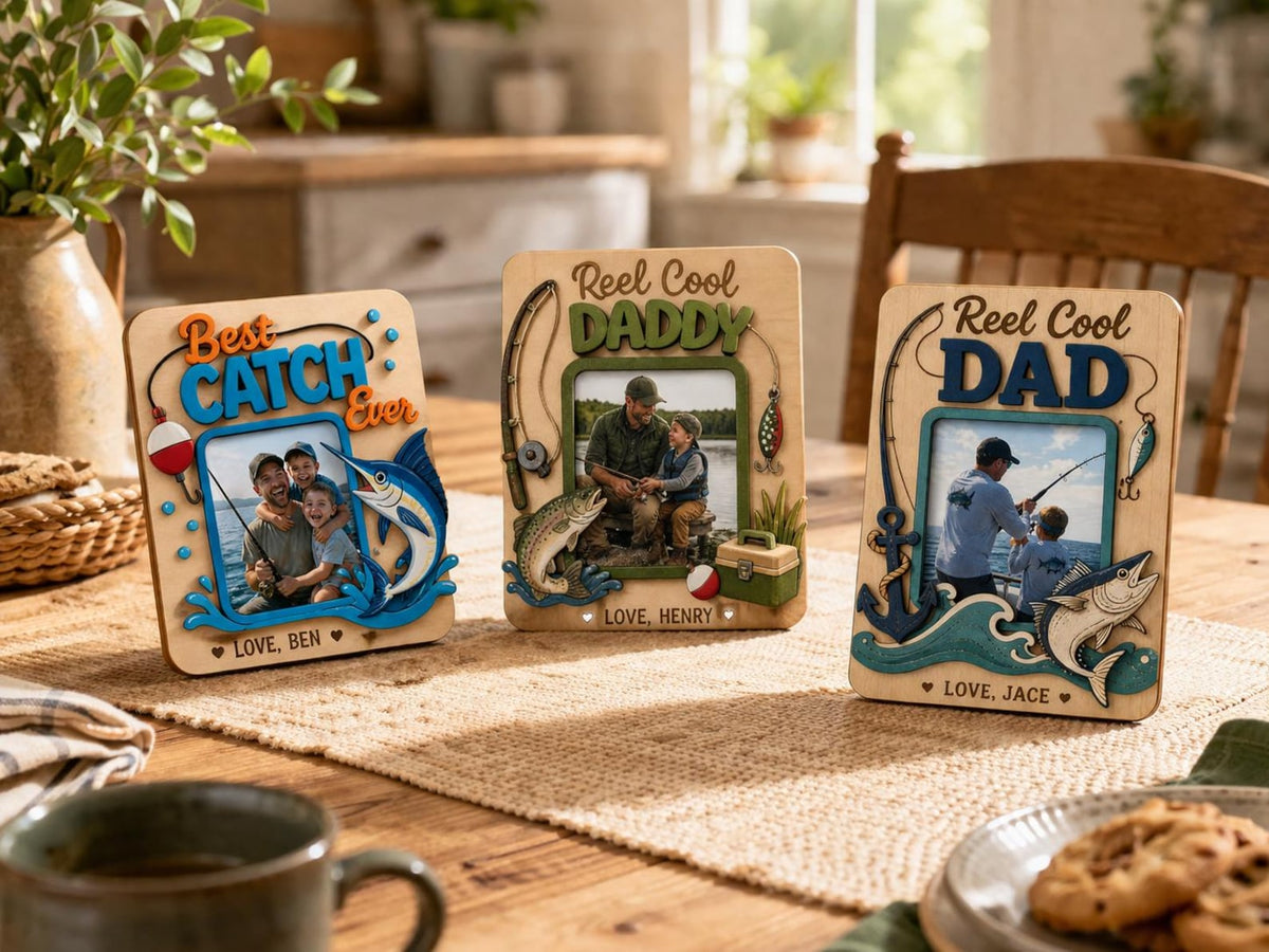 Personalized Fishing Magnet for Dad, Custom Photo Wooden Fridge Frame, Reel Cool Dad Gift, Father's Day Picture Magnet, Best Catch Ever Gift