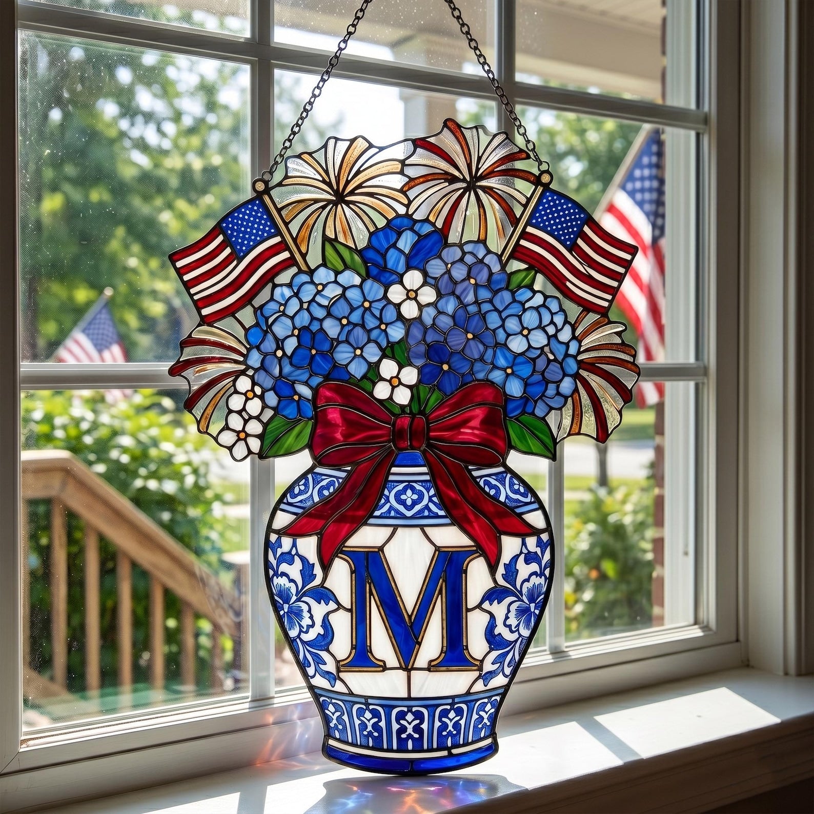 USA 250th Anniversary Flag Bow Faux Stained Glass Acrylic Hanging, Blue Hydrangeas Chinoiserie Vase 1776-2026 Decor, Patriotic Suncatcher