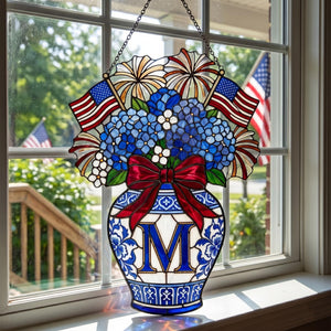 USA 250th Anniversary Flag Bow Faux Stained Glass Acrylic Hanging, Blue Hydrangeas Chinoiserie Vase 1776-2026 Decor, Patriotic Suncatcher