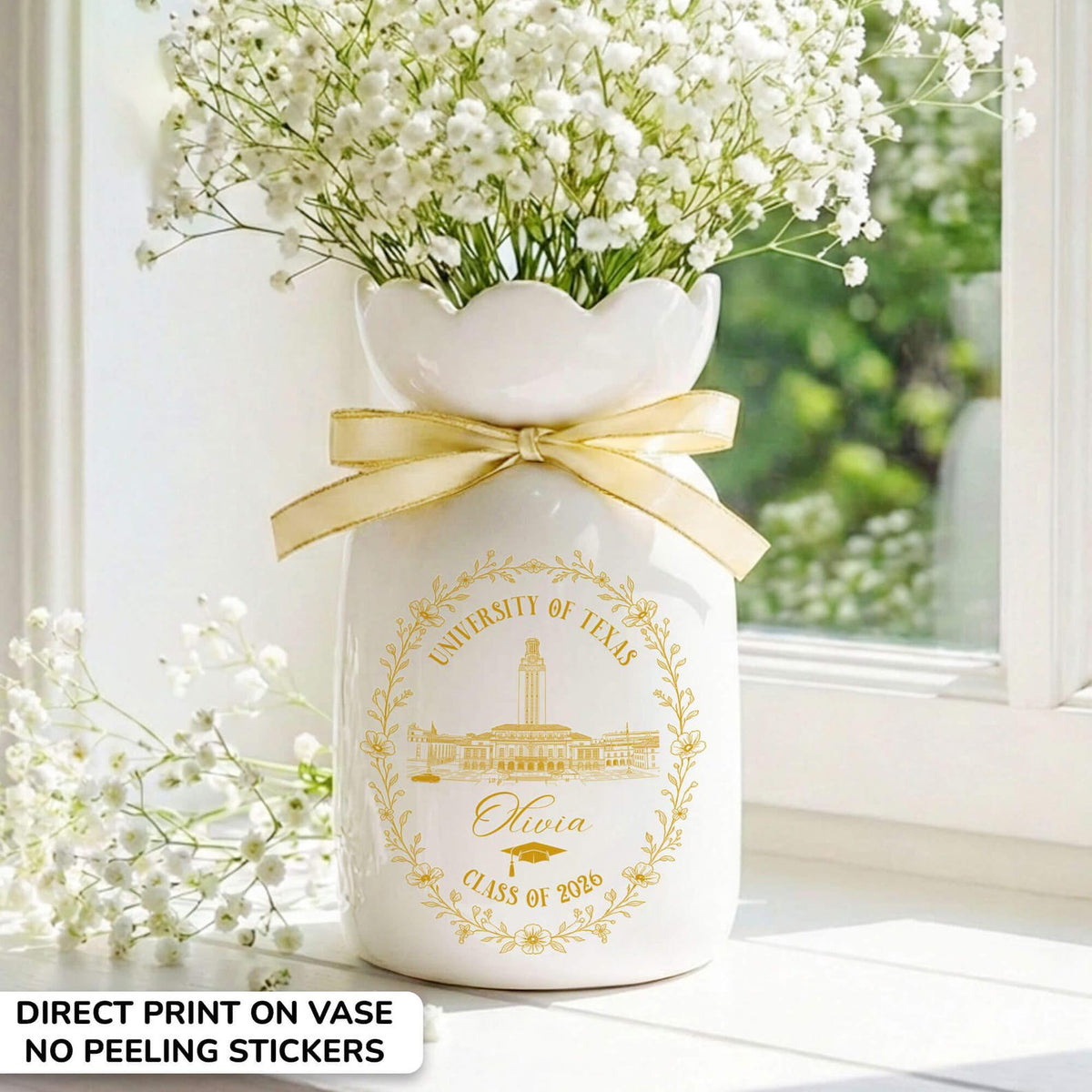 Personalized University College Portrait Flower Vase, Graduation Ceramic Vase, Class of 2026 Graduation Gift for Daughter, Graduate Keepsake