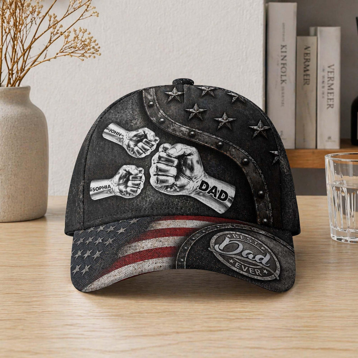 Personalized Fist Names Dad Hat, Custom Father's Day Cap, American Flag Design