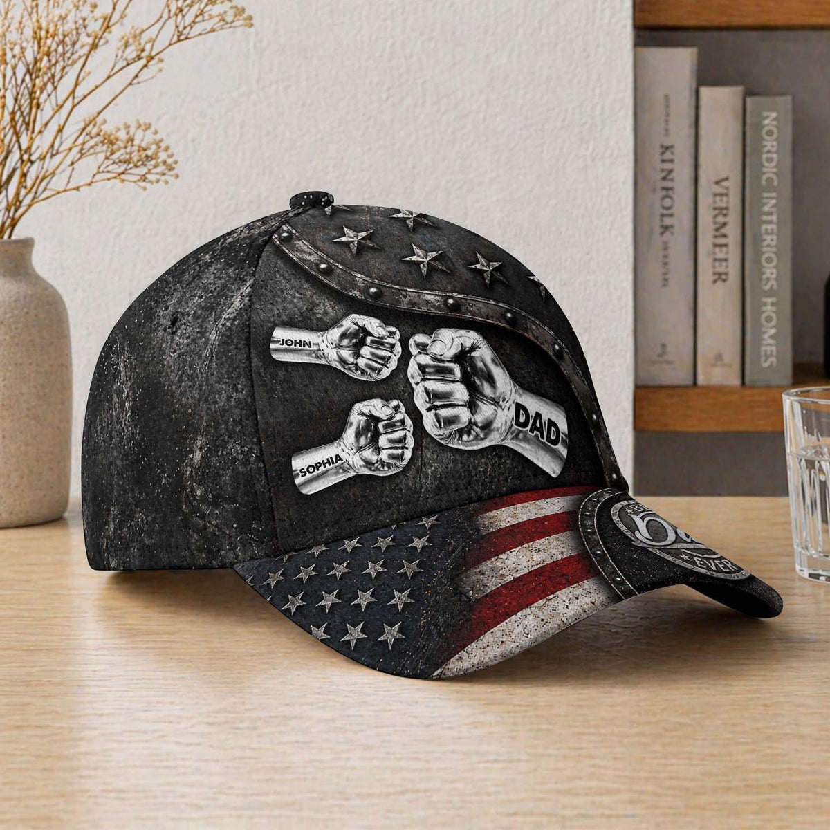 Personalized Fist Names Dad Hat, Custom Father's Day Cap, American Flag Design