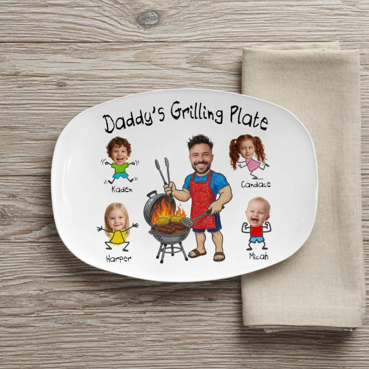 Personalized Daddy Grilling Plate, Custom BBQ Plate with Kids Faces, Father Gift
