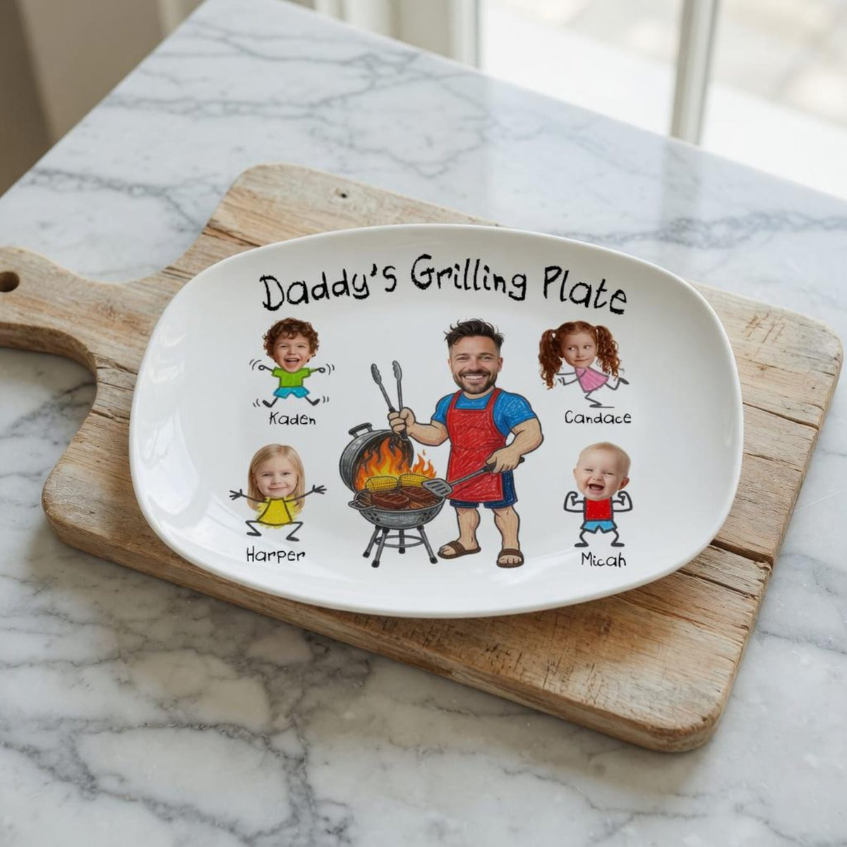 Personalized Daddy Grilling Plate, Custom BBQ Plate with Kids Faces, Father Gift