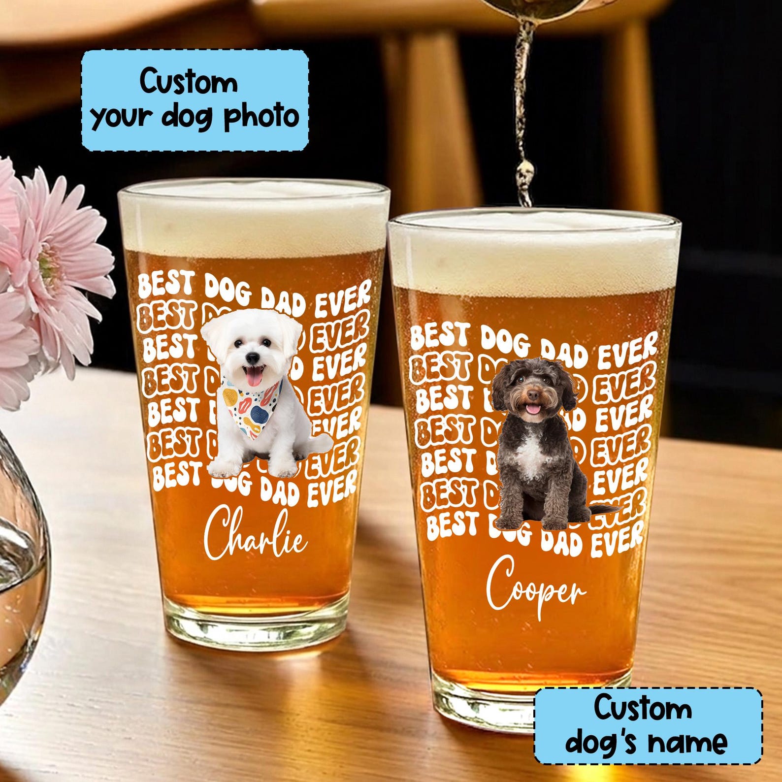 Personalized Dog Dad Photo Beer Glass: Fathers Day Gift for Dog Owner, Pint Beer Glass For Him, Husband Fathers Day Gifts, Dog Lover Gift