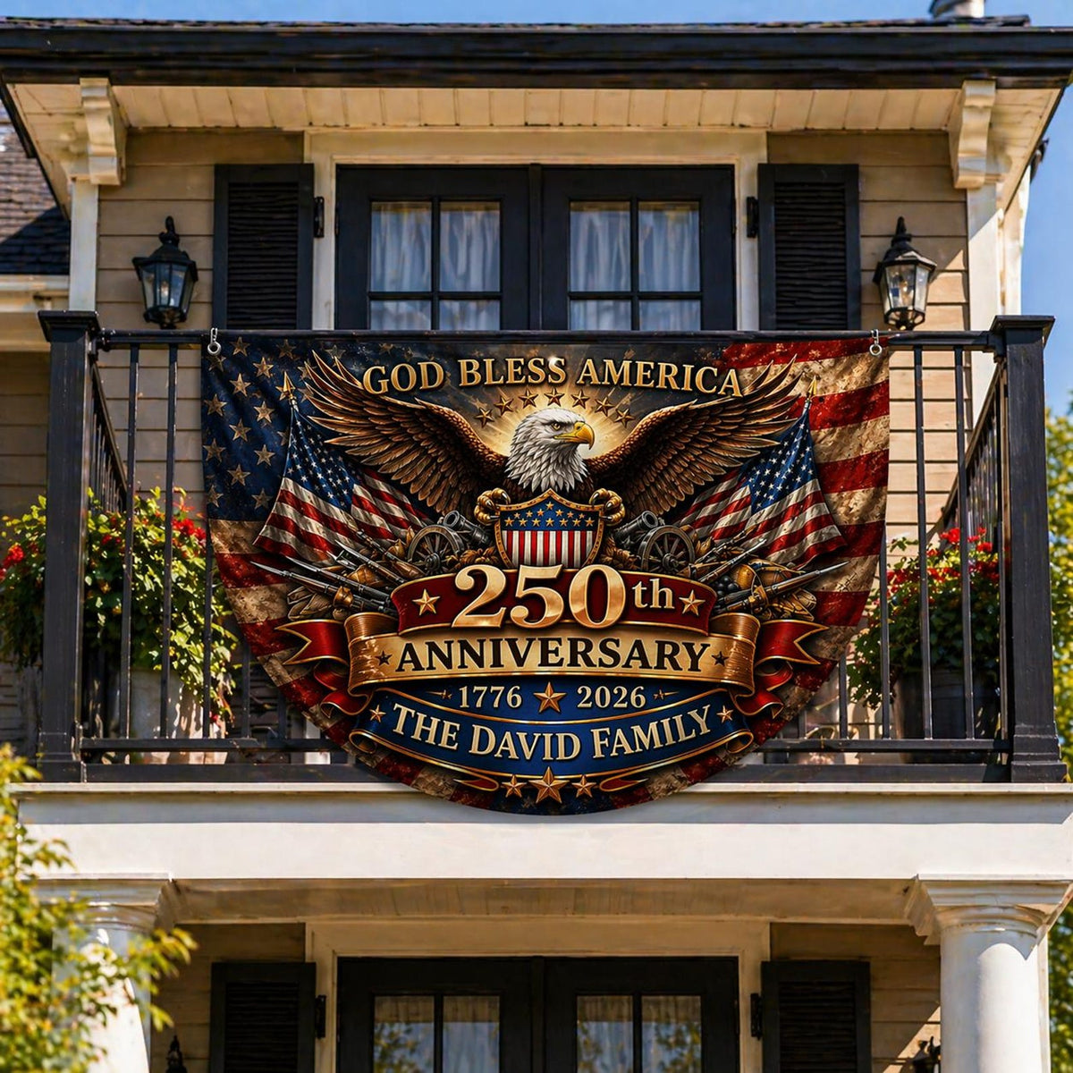 Personalized USA 250th Anniversary Bunting Flag 1776-2026, Custom Family Name Patriotic America Bunting, Non-Pleated Fan Flag for Porch