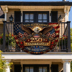 Personalized USA 250th Anniversary Bunting Flag 1776-2026, Custom Family Name Patriotic America Bunting, Non-Pleated Fan Flag for Porch