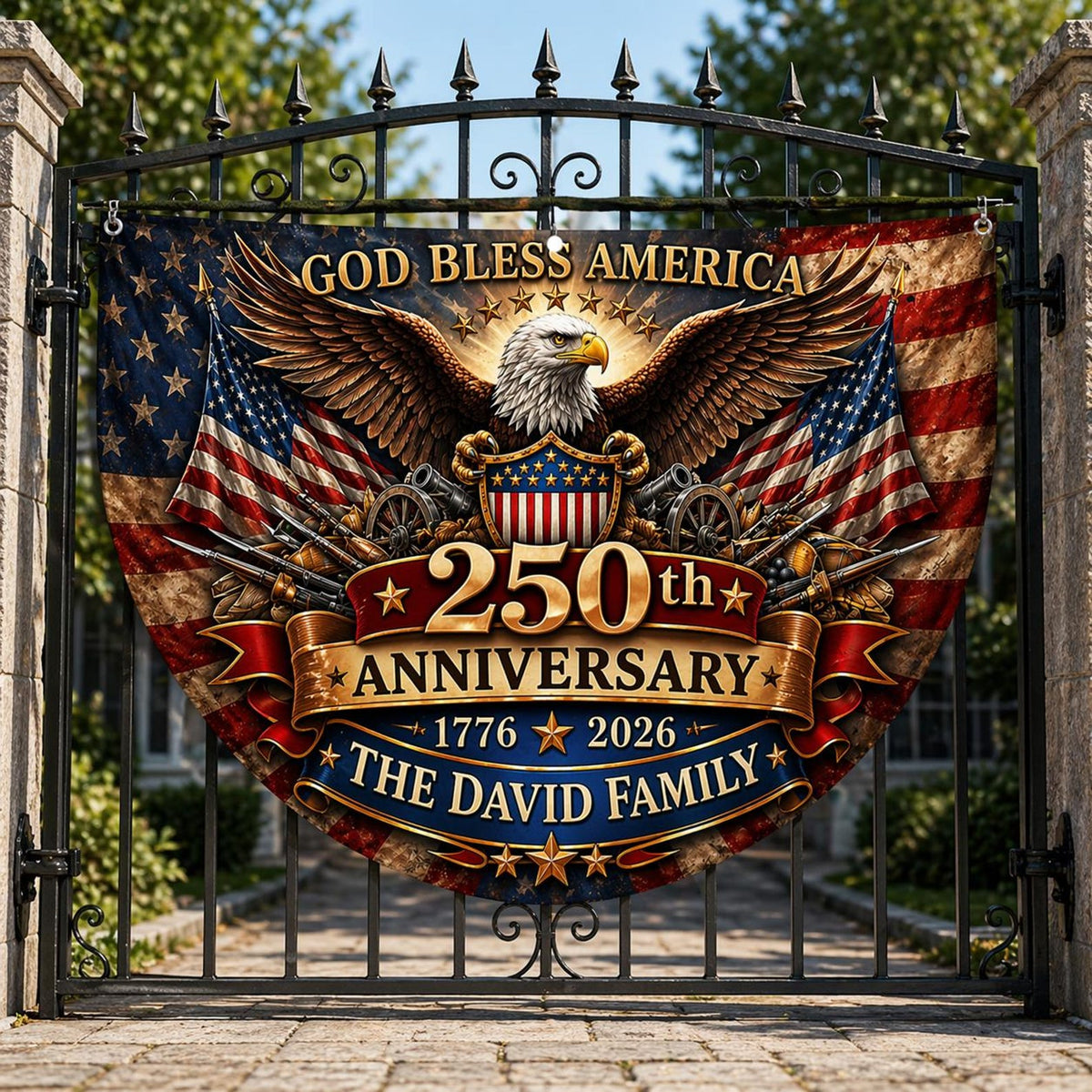 Personalized USA 250th Anniversary Bunting Flag 1776-2026, Custom Family Name Patriotic America Bunting, Non-Pleated Fan Flag for Porch