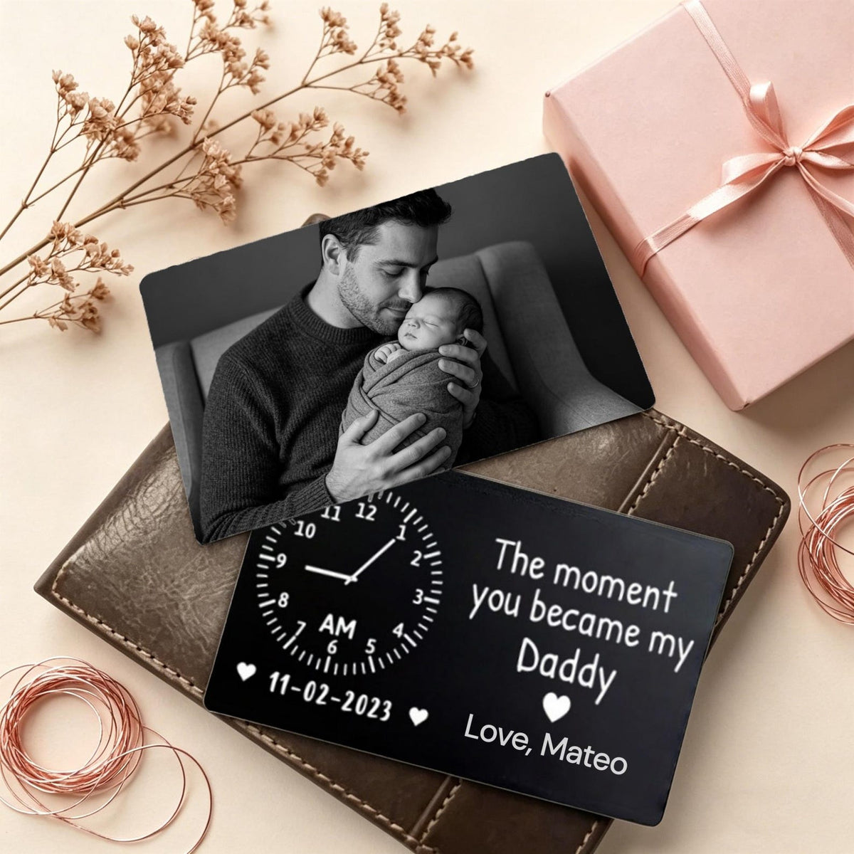 The Moment You Became My Daddy Memorial Gift, Custom Baby Photo Metal Wallet Card, Baby Birth Record Gift, Gift for New Dad,1st Father's Day