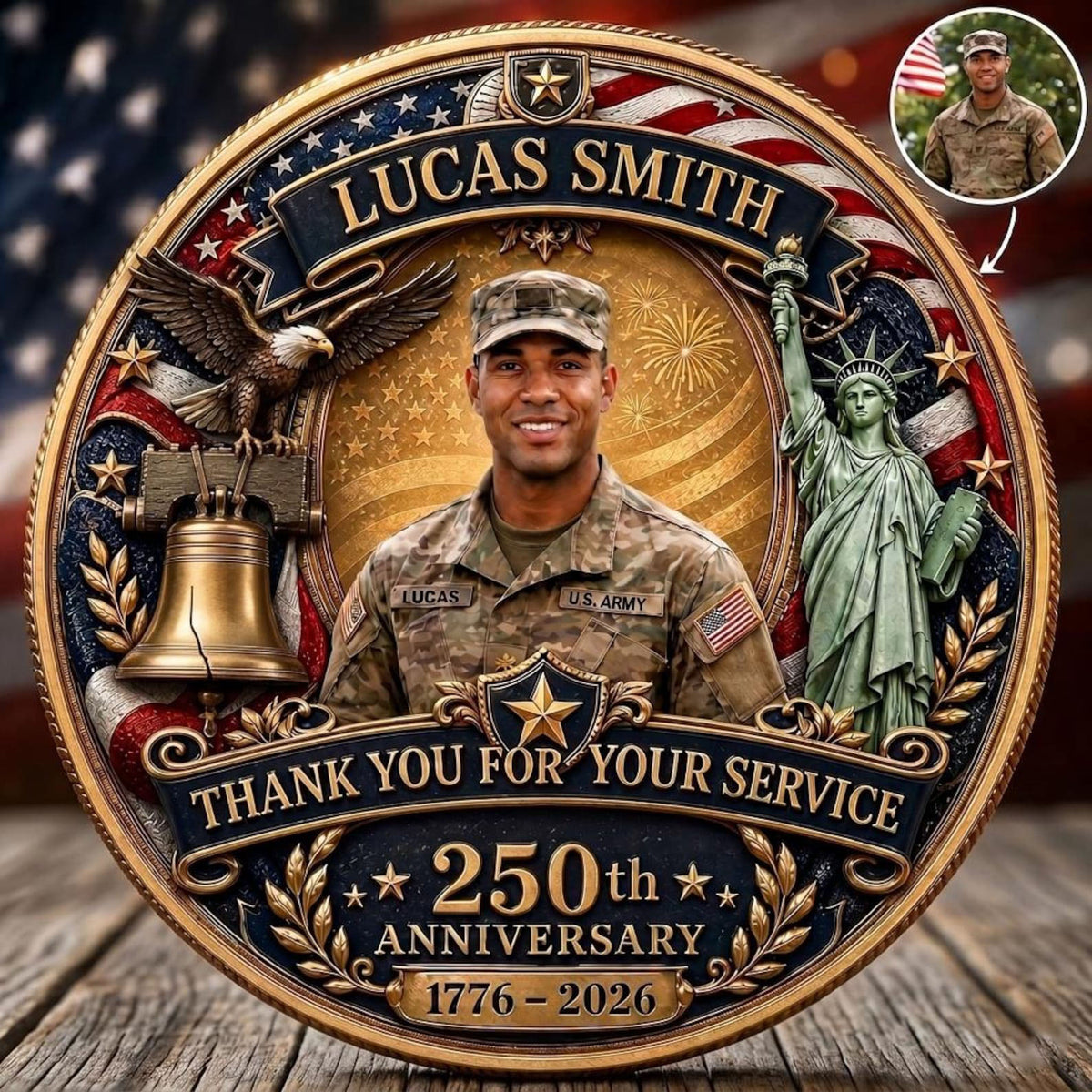 Personalized American 250th Anniversary Veteran Appreciation Gift, Custom Soldier Photo Coin, Thank You For Your Service, Patriotic Keepsake