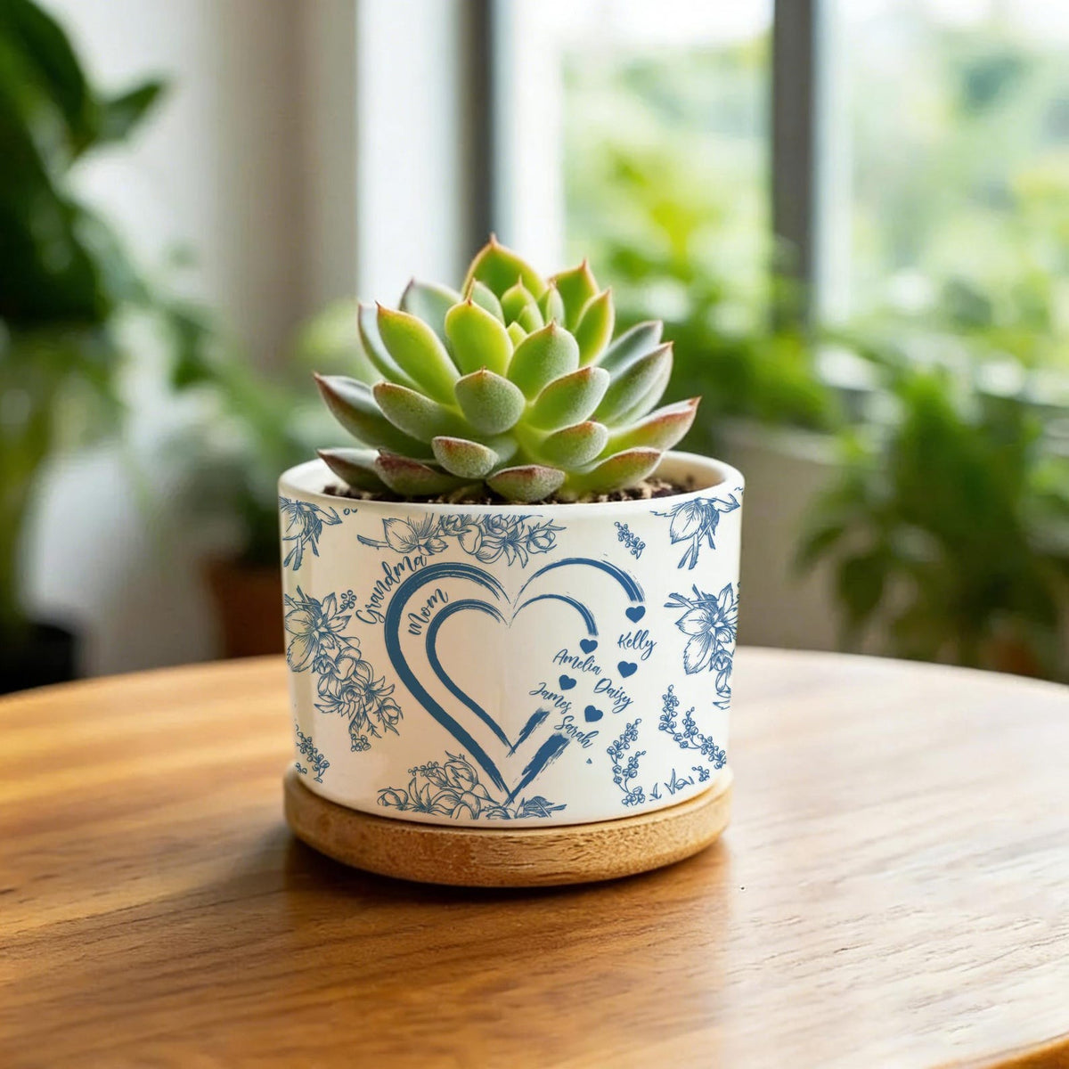 Personalized Mom And Grandma Heart Plant Pot, Custom Mum-Nana Generation Planter, Toile De Jouy Style Ceramic Flower Pot, Mother's Day Gift