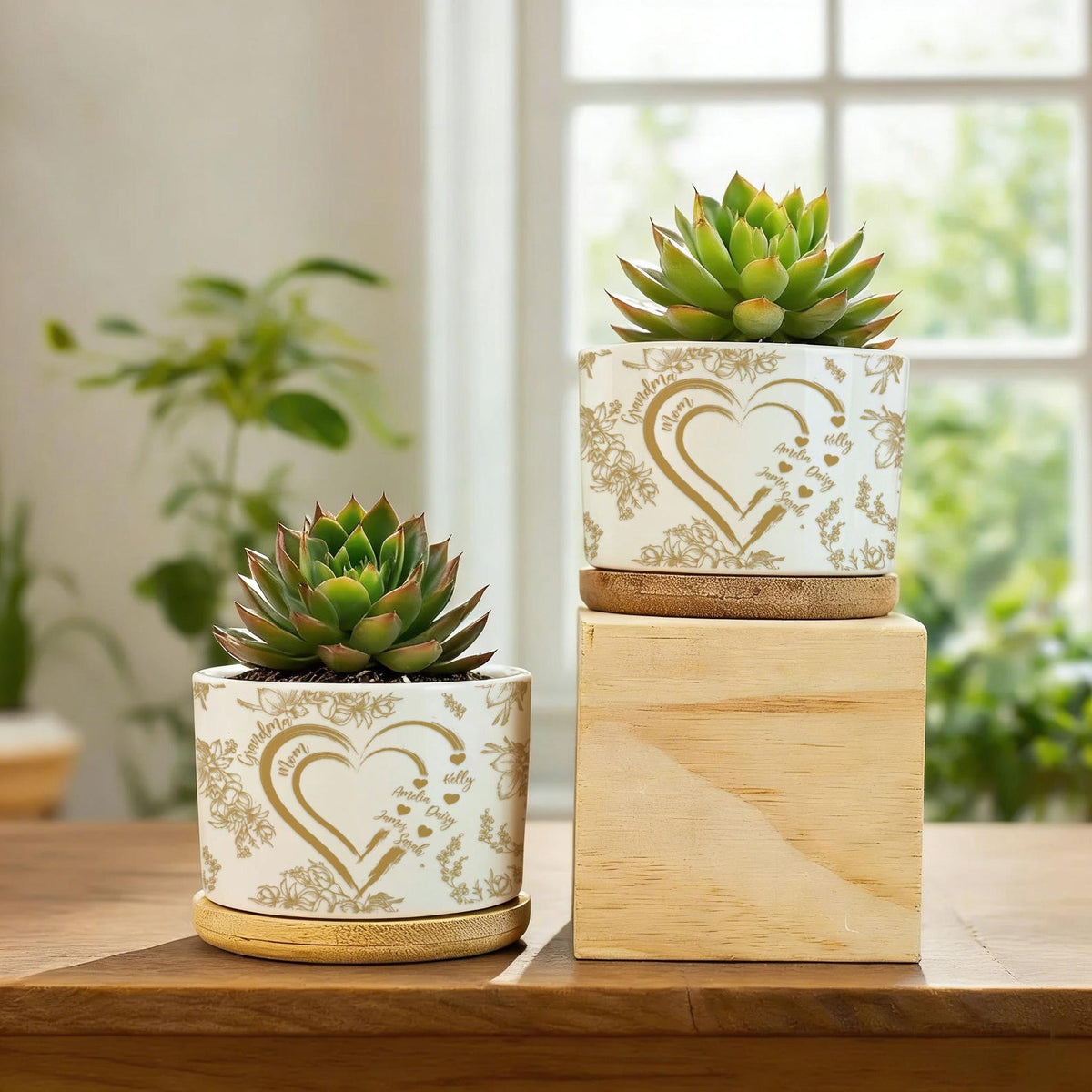Personalized Mom And Grandma Heart Plant Pot, Custom Mum-Nana Generation Planter, Toile De Jouy Style Ceramic Flower Pot, Mother's Day Gift